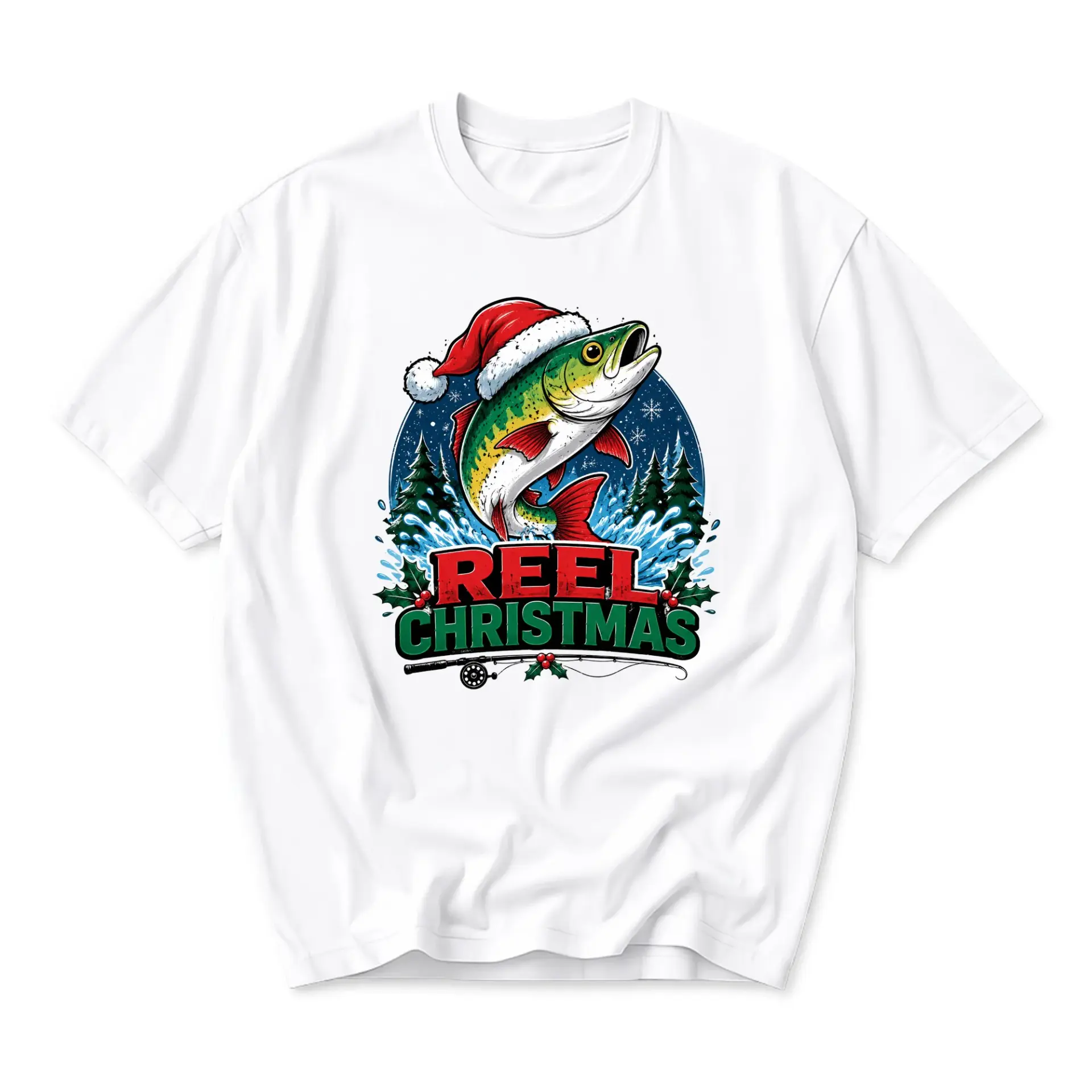 Funny Shirt Reel Christmas Fishing Graphic Tee Holiday Season Catch Outdoor