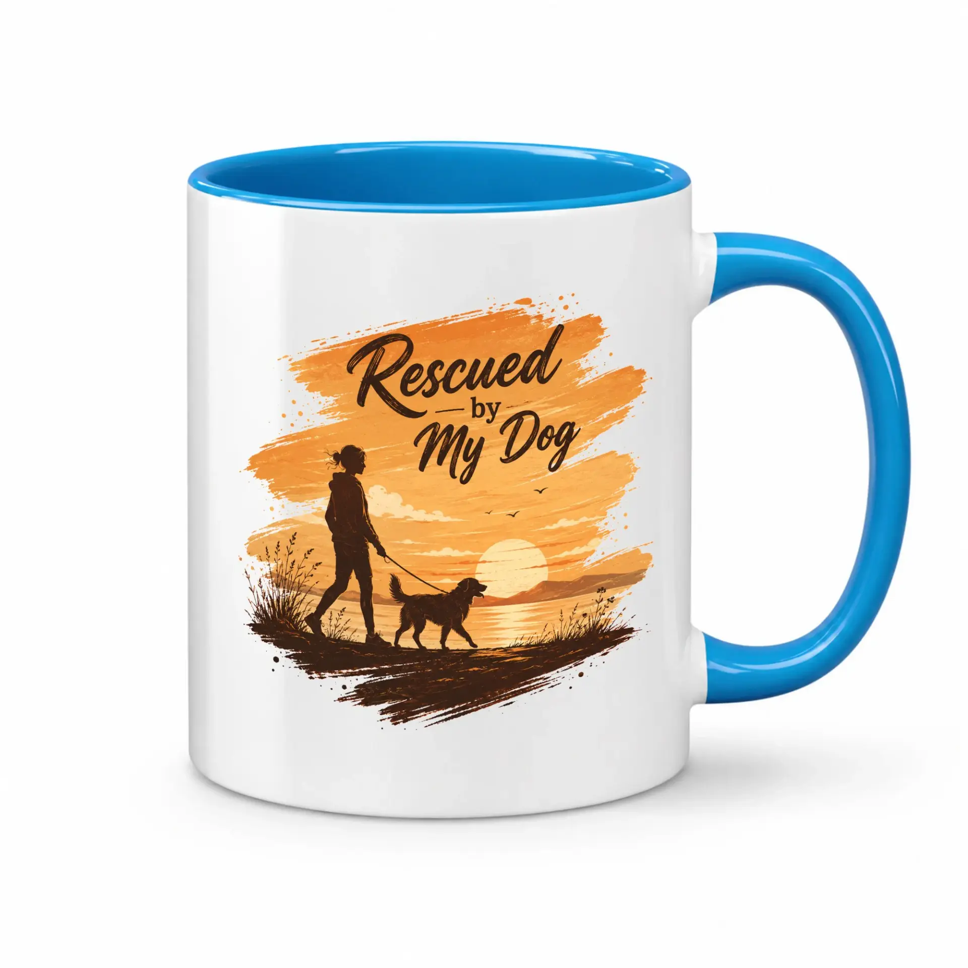 Heartwarming Rescued by My Dog Ceramic Coffee Mug with Bright Blue Handle and Rim for Daily Use