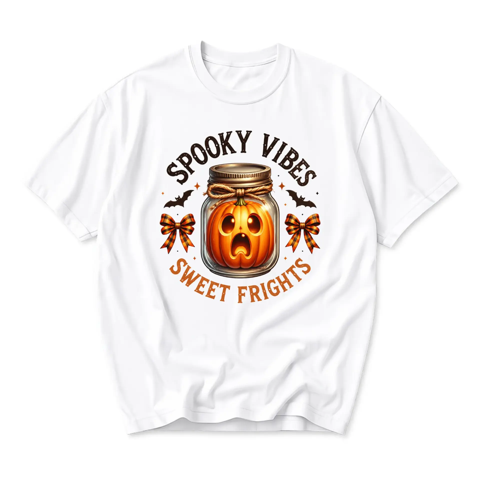 Graphic Tee Spooky Vibes Sweet Frights Pumpkin Jar Fall Holiday Unisex Crew Neck Short Sleeve Casual Cotton T-Shirt