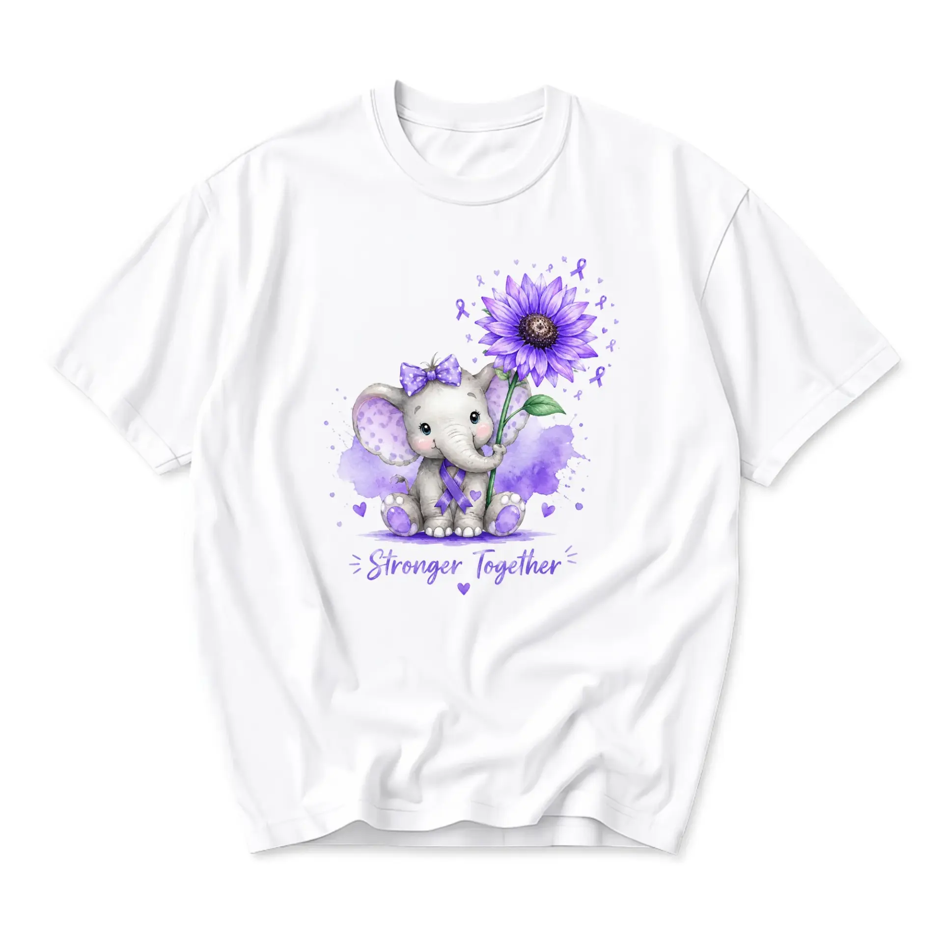 Graphic Tee Stronger Together Elephant Sunflower Purple Awareness Unisex Casual Crew Neck Comfortable T-Shirt Top