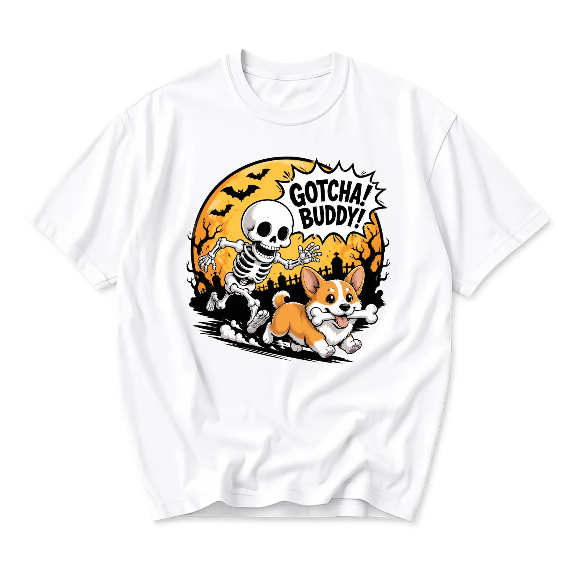 Funny Shirt Gotcha Buddy Corgi Skeleton Cartoon Graphic Tee Unisex Crew Neck Preshrunk Cotton Casual Apparel White