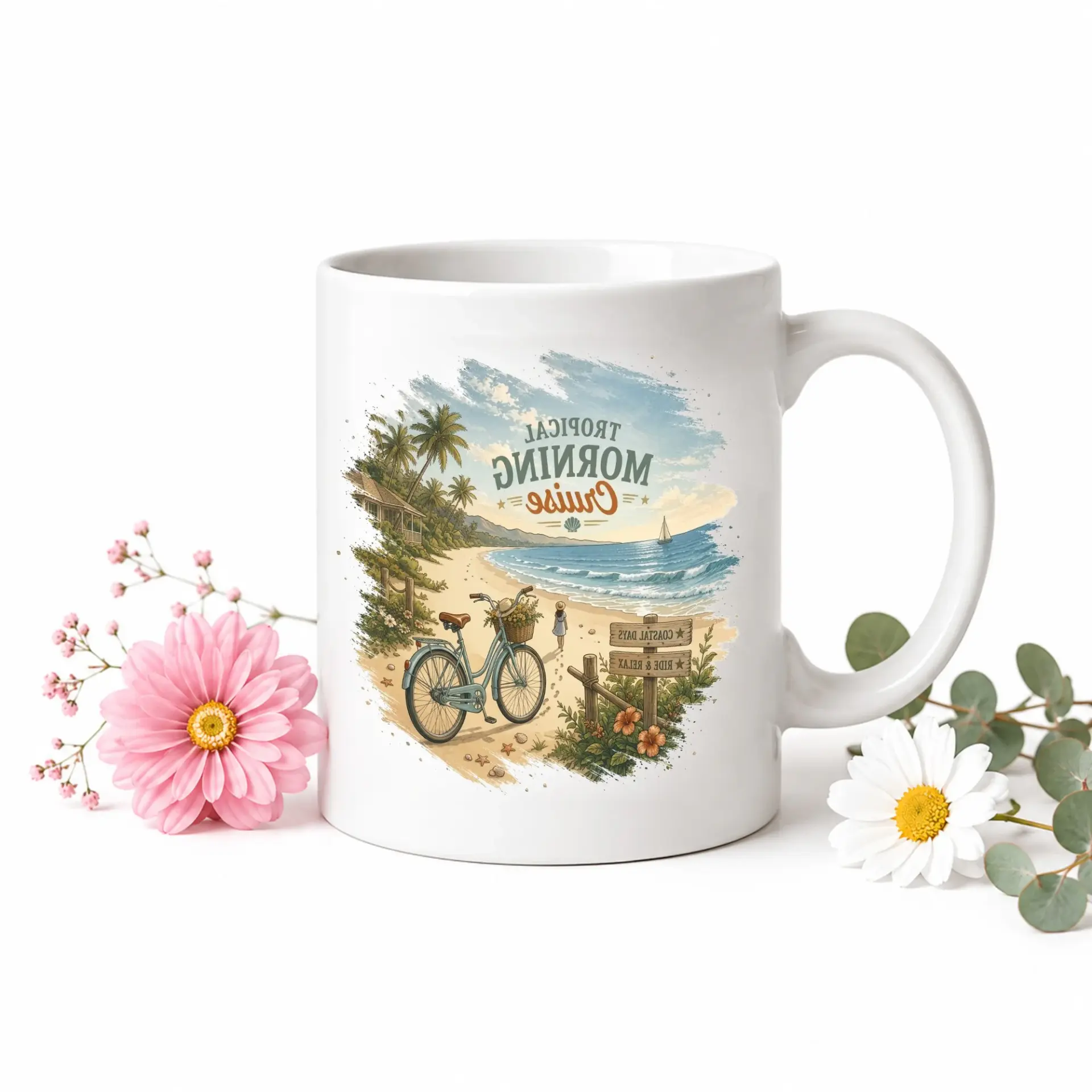 Tropical Morning Cruise Ceramic Coffee Mug with Rim and Handle Featuring a Peaceful Beachside Bicycle Design