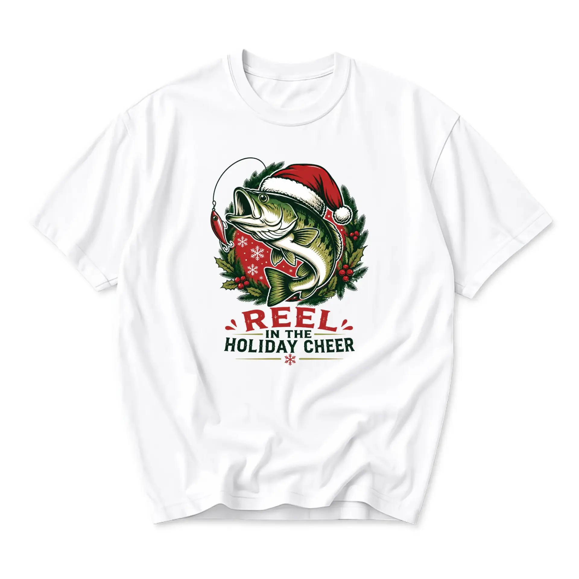 Funny Shirt Reel in the Holiday Cheer Graphic Tee Unisex Fishing Christmas Apparel Casual Crew Neck Cotton Tshirt