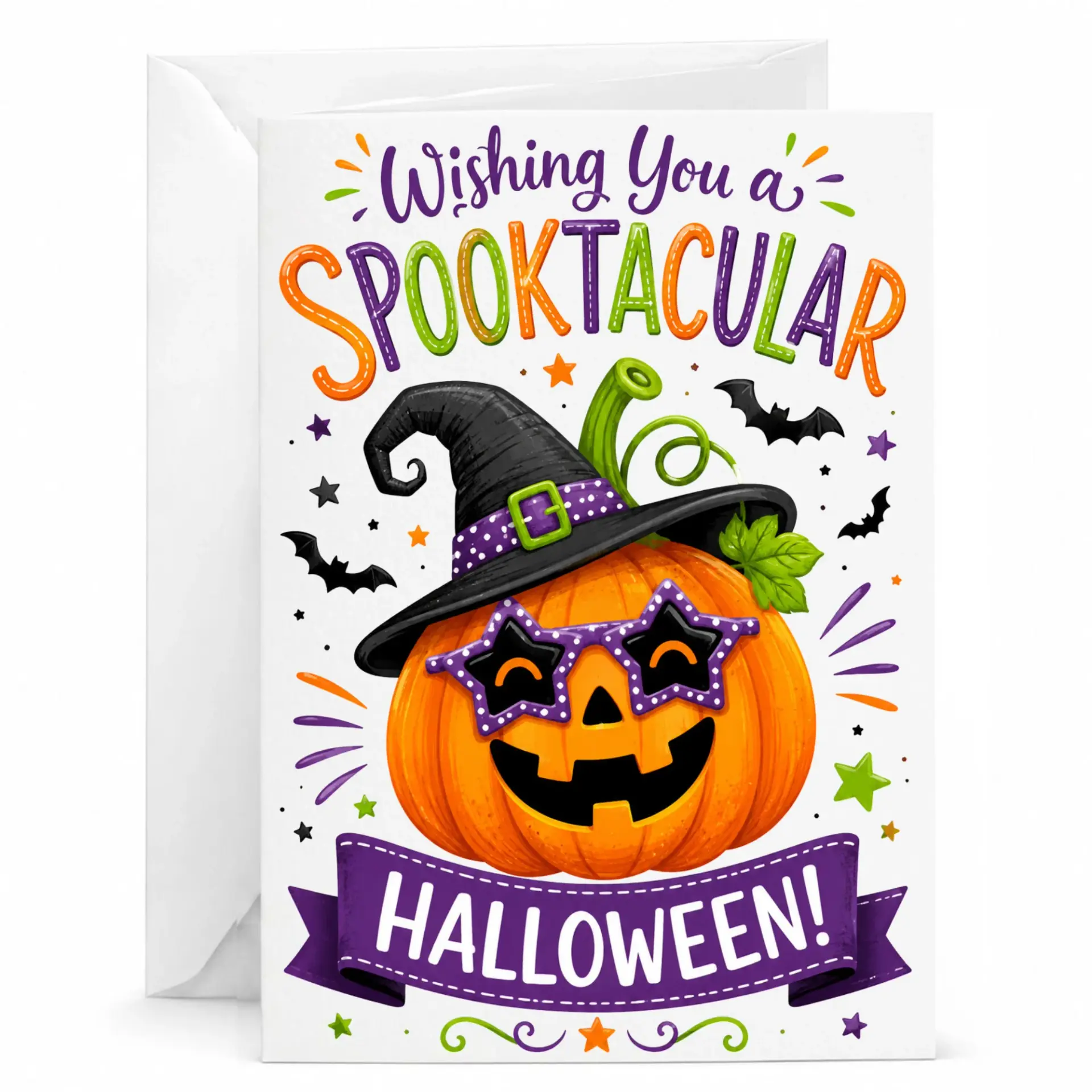Funny Spooktacular Halloween Greeting Card Pumpkin Wearing Witch Hat and Star Glasses with White Matching Envelope