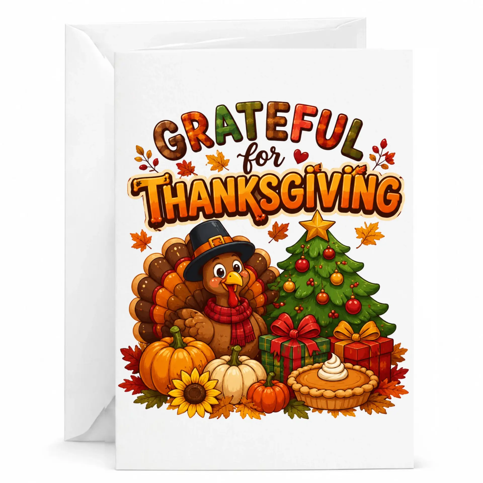 Grateful for Thanksgiving Greeting Card Festive Holiday Turkey Design with Autumn Leaves and Presents 5x7 Inches
