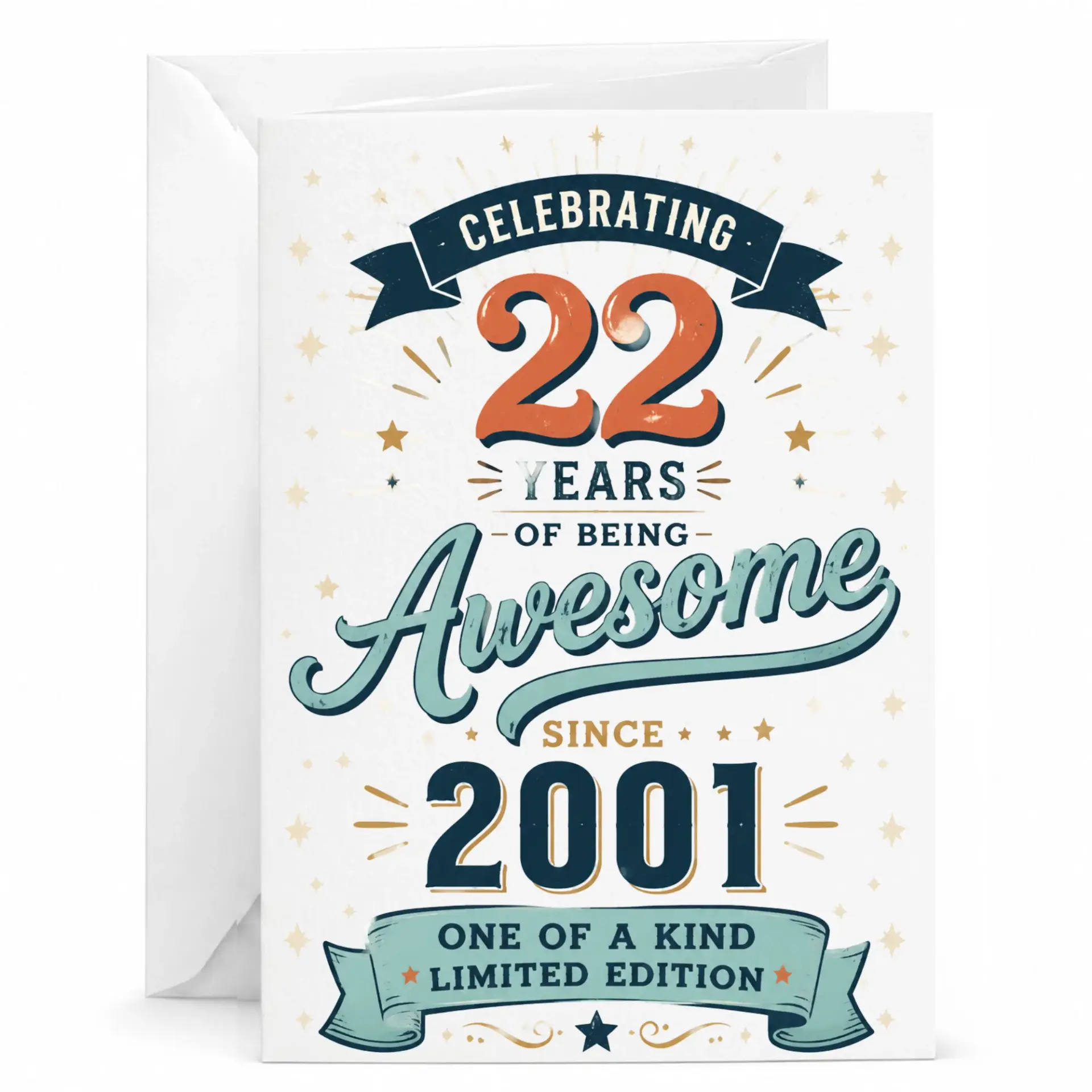 Birthday Card Celebrating 22 Years of Being Awesome Since 2001 Vintage Style Retro Graphic Greeting Card with Envelope