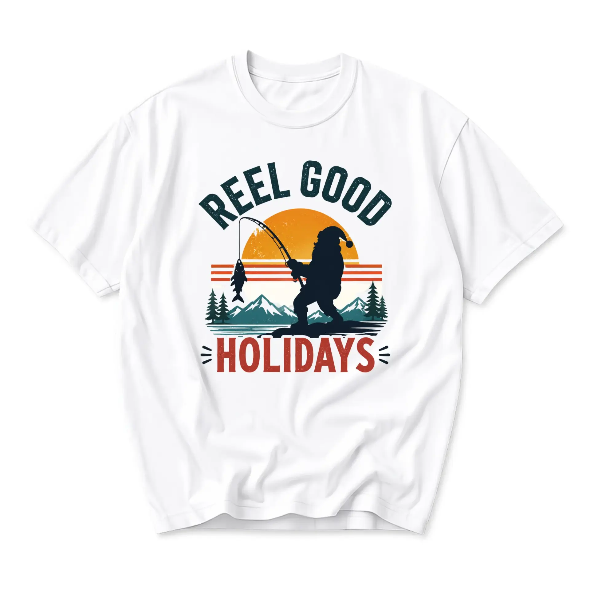 Funny Shirt Reel Good Holidays Fishing Santa Graphic Tee Unisex Casual Crew Neck Comfortable Cotton Blend Summer Top