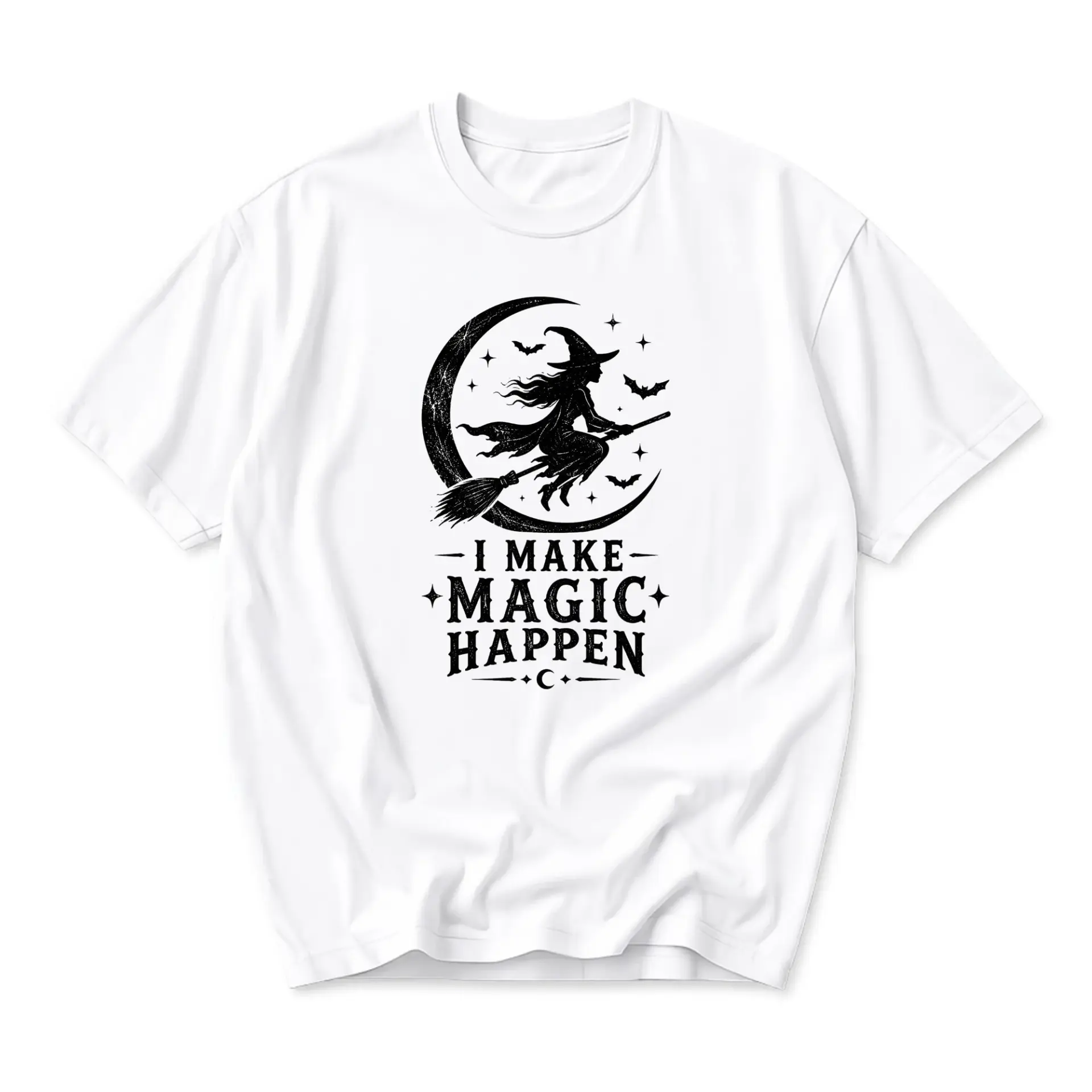 Graphic Tee I Make Magic Happen Witch on Moon Design Unisex Crew Neck Short Sleeve Casual Cotton Blend Shirt