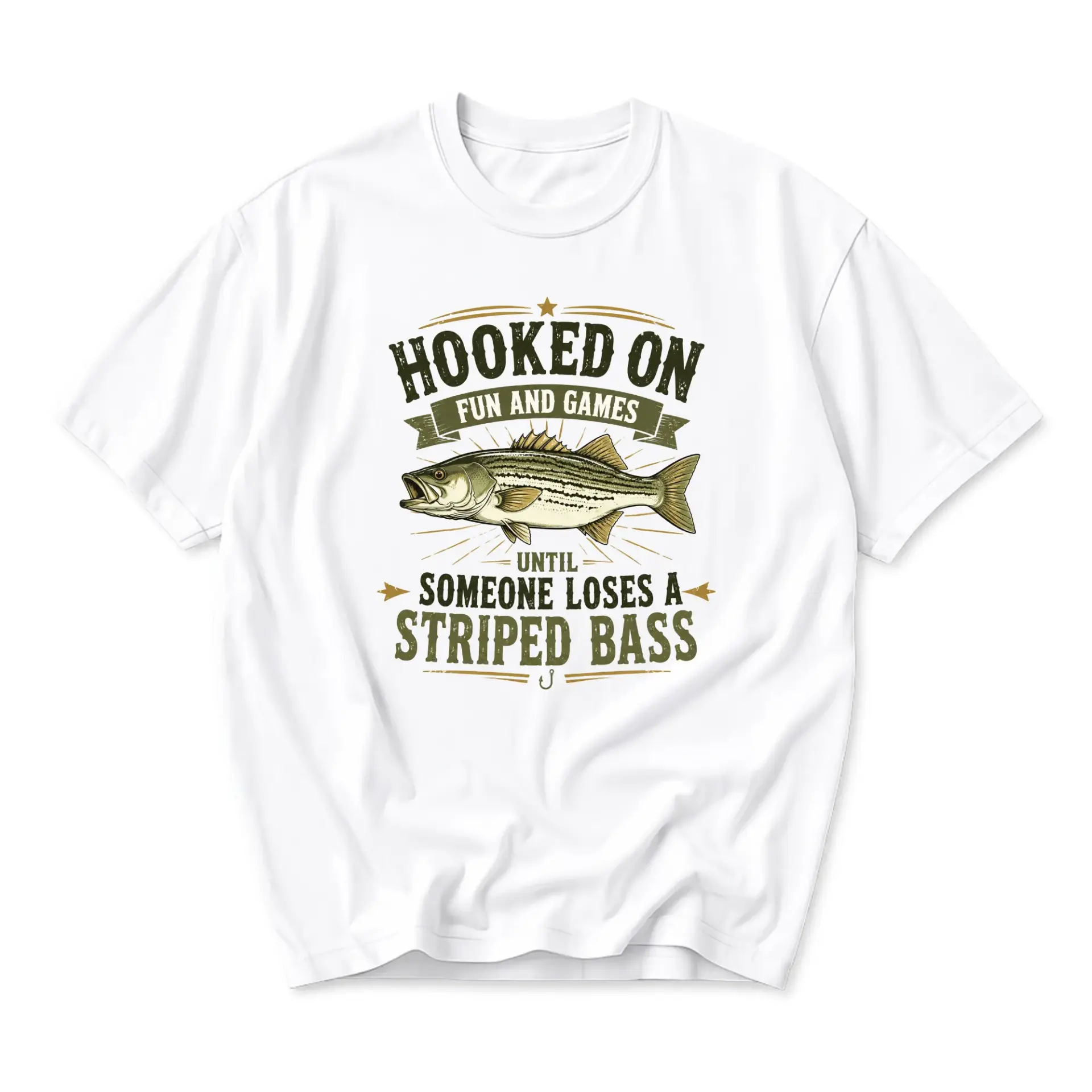 Graphic Tee Unisex Crew Neck T-Shirt Featuring Funny Fishing Theme and Games Striped Illustration