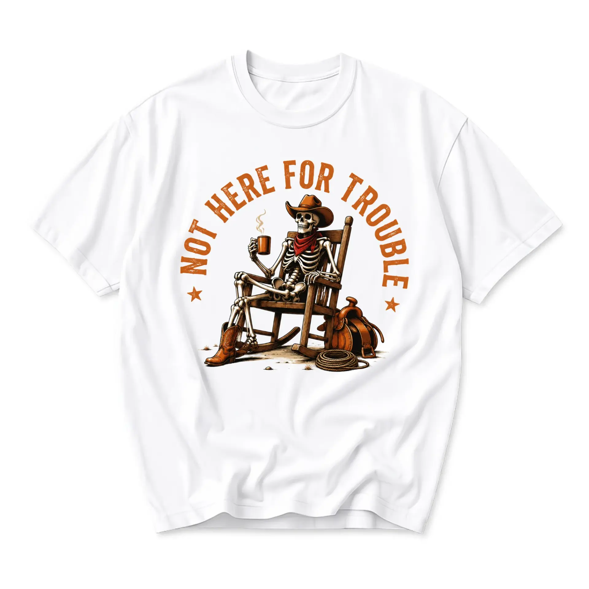 Graphic Tee Not Here for Trouble Cowboy Skeleton Western Art Unisex Crew Neck Short Sleeve Casual Cotton Shirt