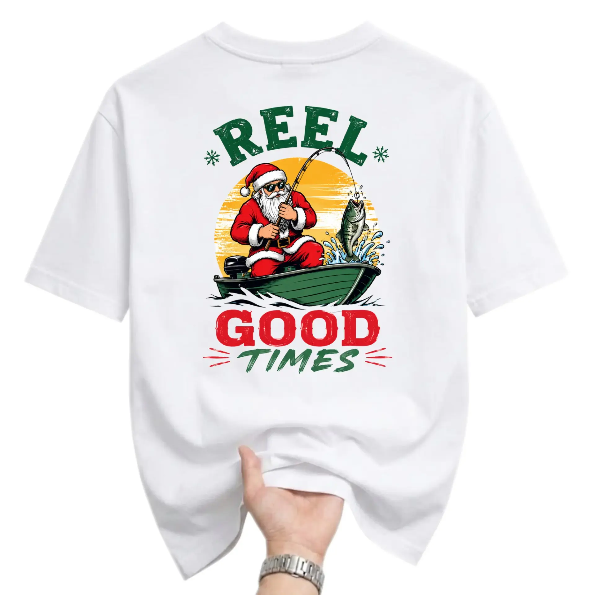 Funny Shirt Reel Good Times Graphic Tee Santa Claus Fishing Unisex Crew Neck Short Sleeve Casual Cotton T-Shirt