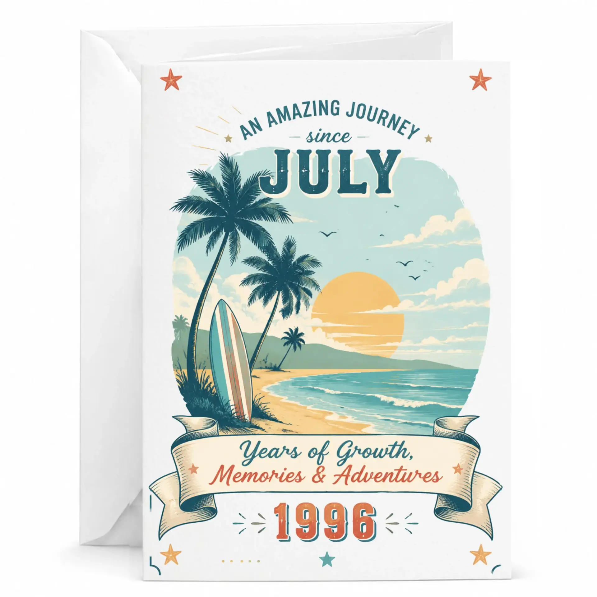 Greeting Card Anniversary Birthday Milestone 1996 Beach Sunset Theme Vintage Style Custom Nostalgic Commemorative
