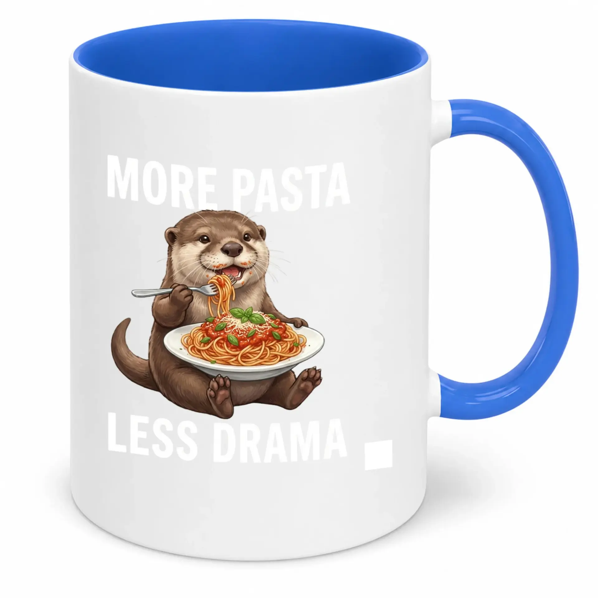 Funny Eating Spaghetti Coffee Mug 'more Pasta Less Drama' Ceramic Drinkware with Blue Handle Unique Kitchen Home Office Gift