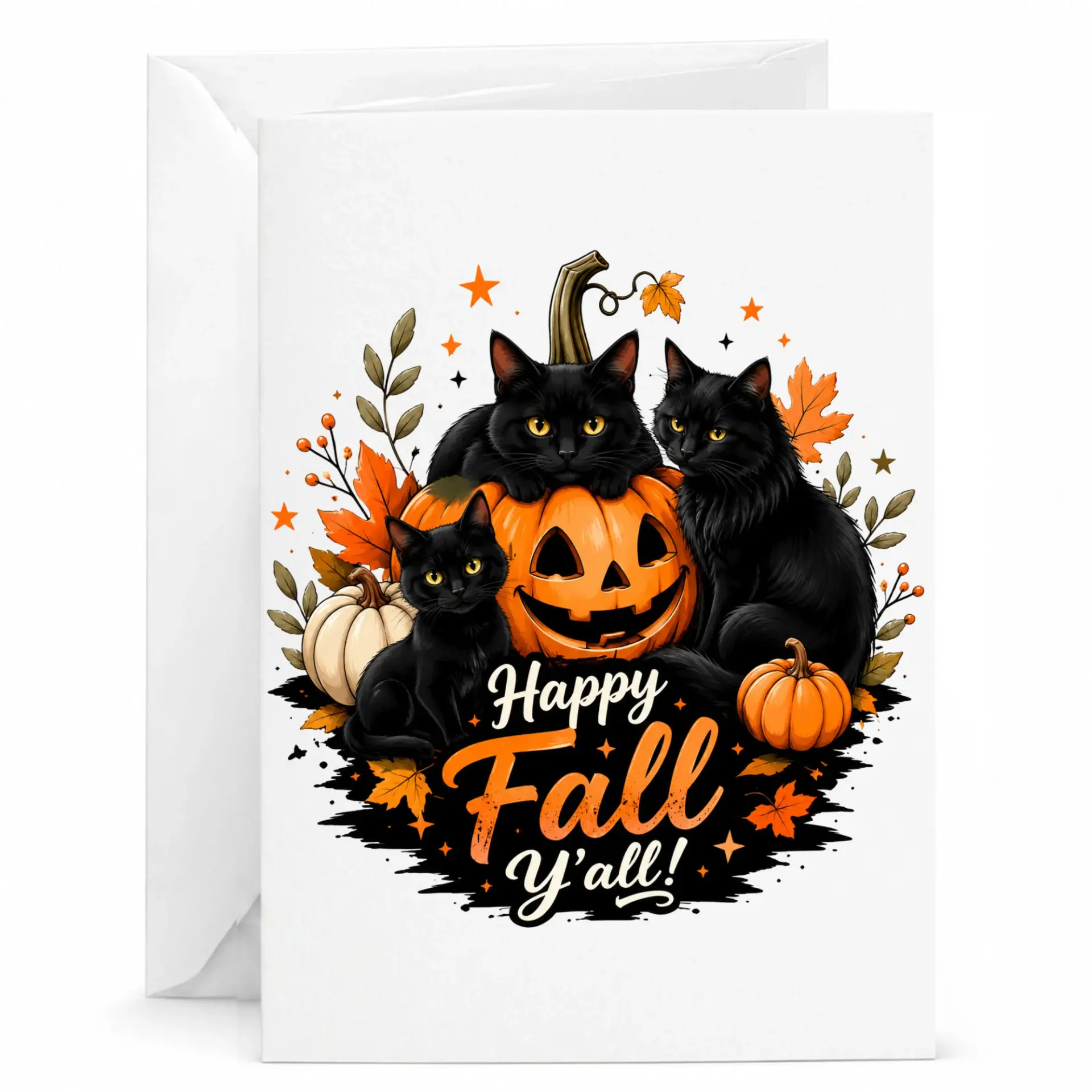 Happy Fall Y'all Greeting Card with Black Cats and Pumpkins Illustration for Autumn Seasonal Greetings 5x7 Folded Card