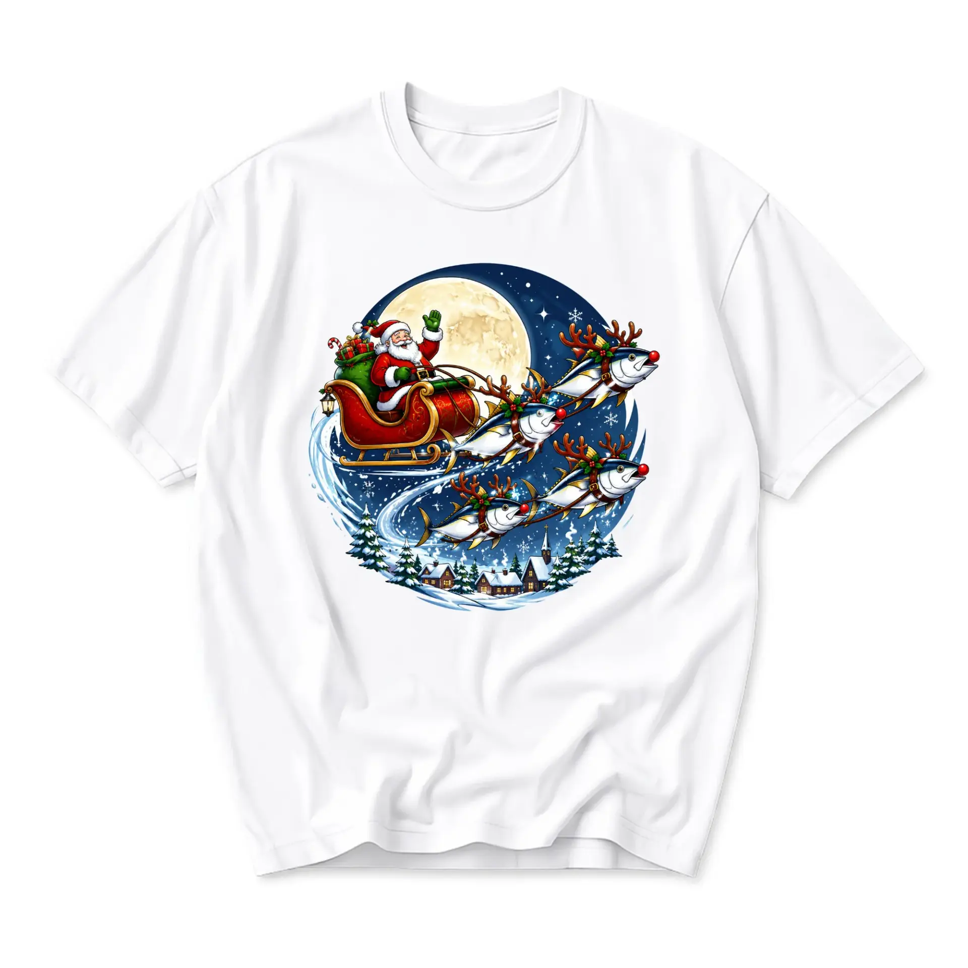 Graphic Tee Unisex Holiday Santa Sleigh with Fish Reindeer Design Casual Crew Neck Soft Cotton Blend Shirt