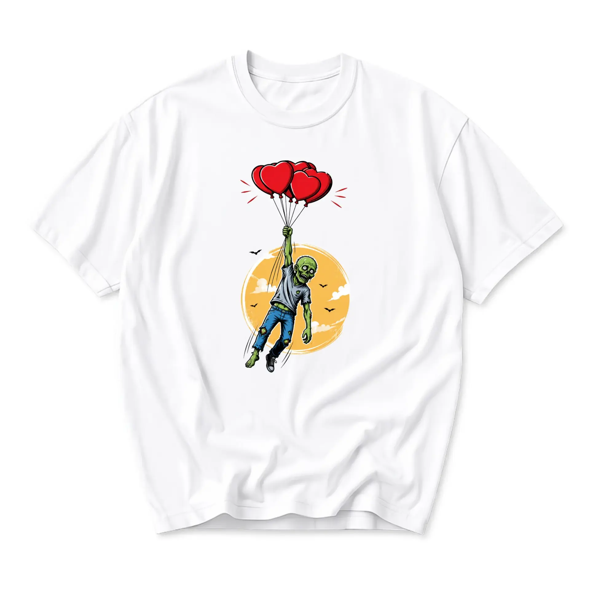Graphic Tee Unisex Casual Crew Neck T-Shirt Featuring a Floating Zombie Holding Red Heart Balloons Art Illustration