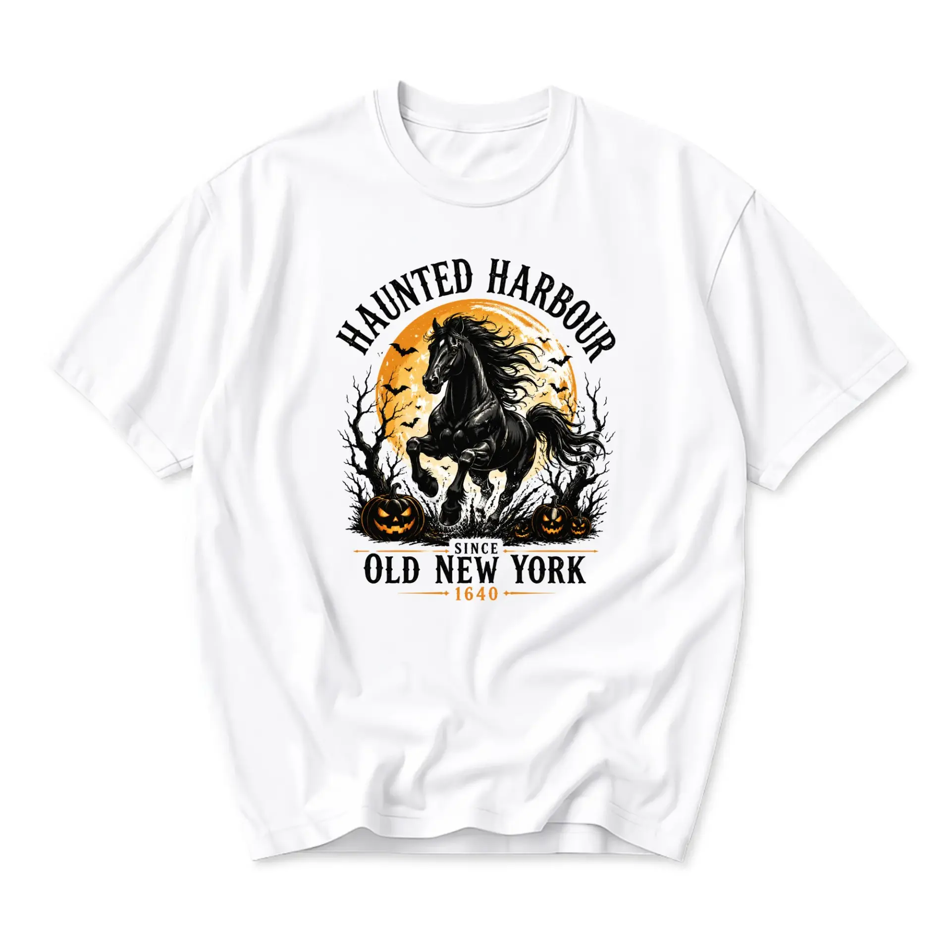 Graphic Tee Haunted Harbour Old New York 1640 Horse Pumpkin Halloween Design Unisex Crew Neck Casual Cotton T-Shirt
