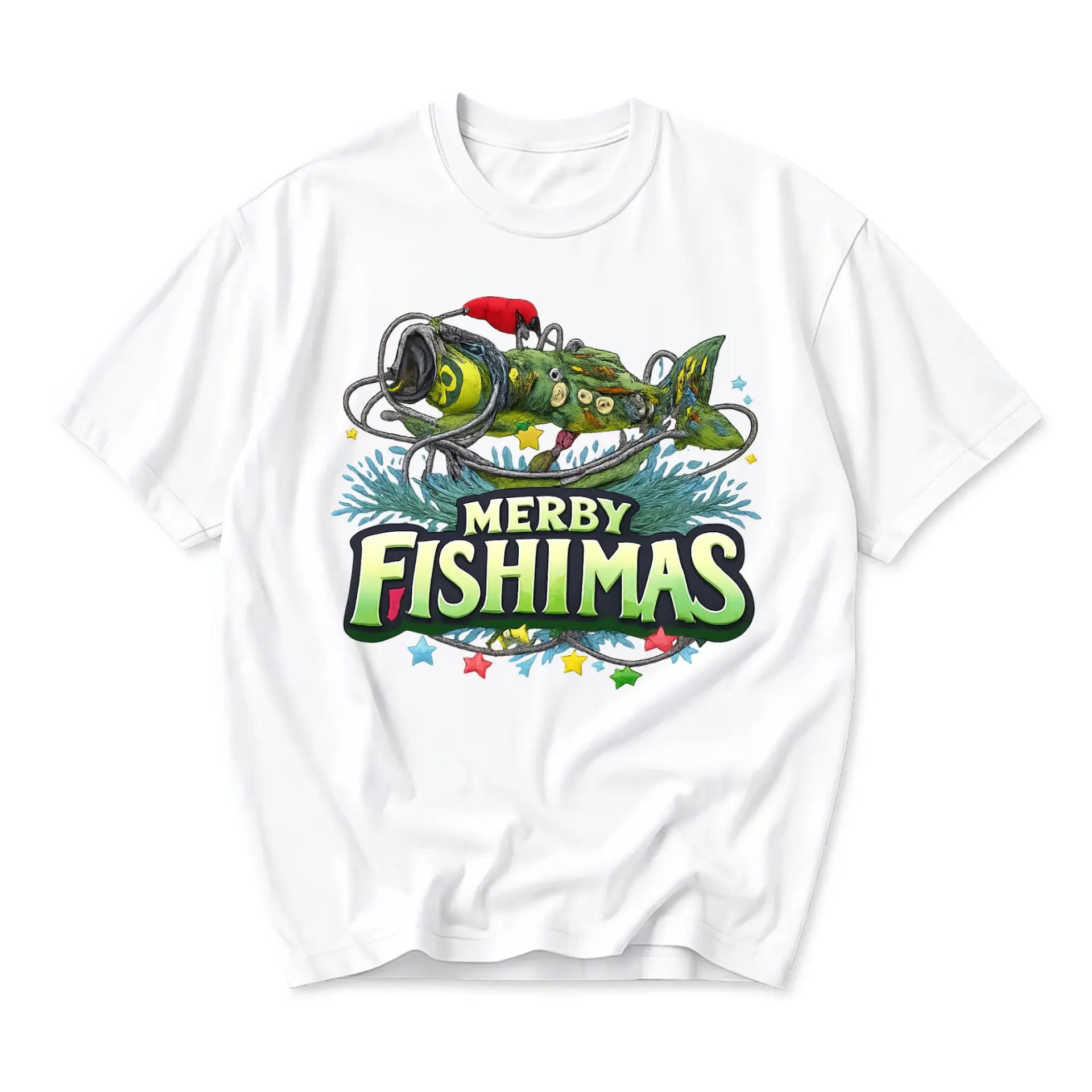 Funny Shirt Merby Fishimas Fishing Holiday Themed Graphic Tee Casual Unisex