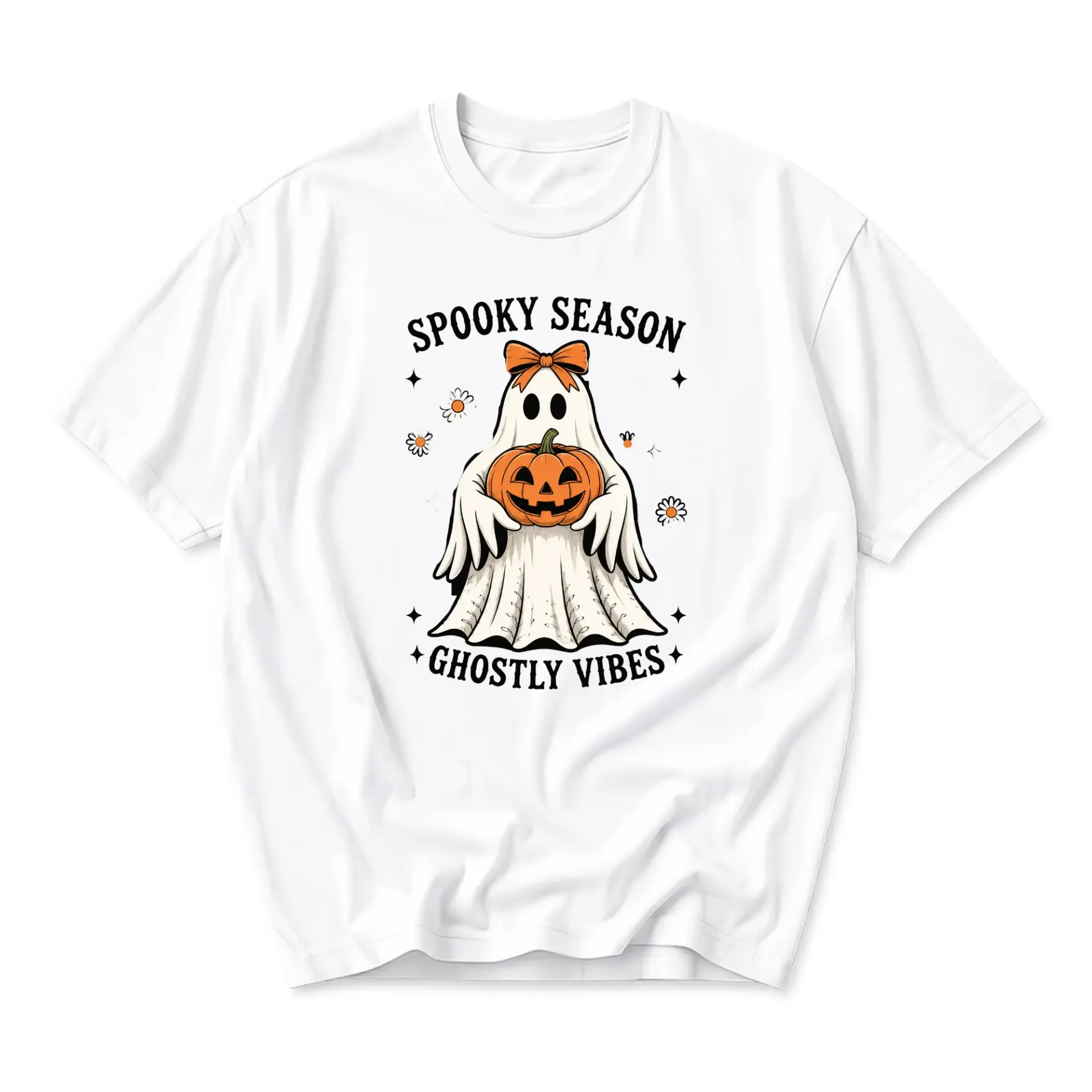 T-shirt Spooky Season Ghostly Vibes Graphic Tee Autumn Fall Pumpkin Unisex Crew Neck Casual Everyday Fashion Top