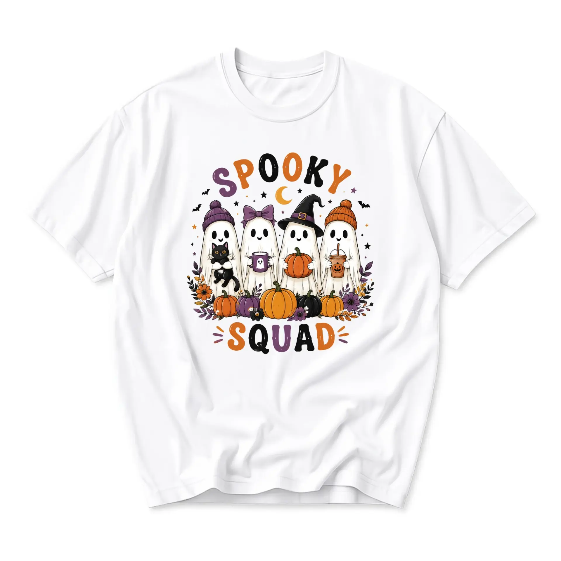 Funny Shirt Spooky Squad Ghost Graphic Tee Autumn Inspired Casual Wear Unisex Crew Neck Short Sleeve Cotton Top
