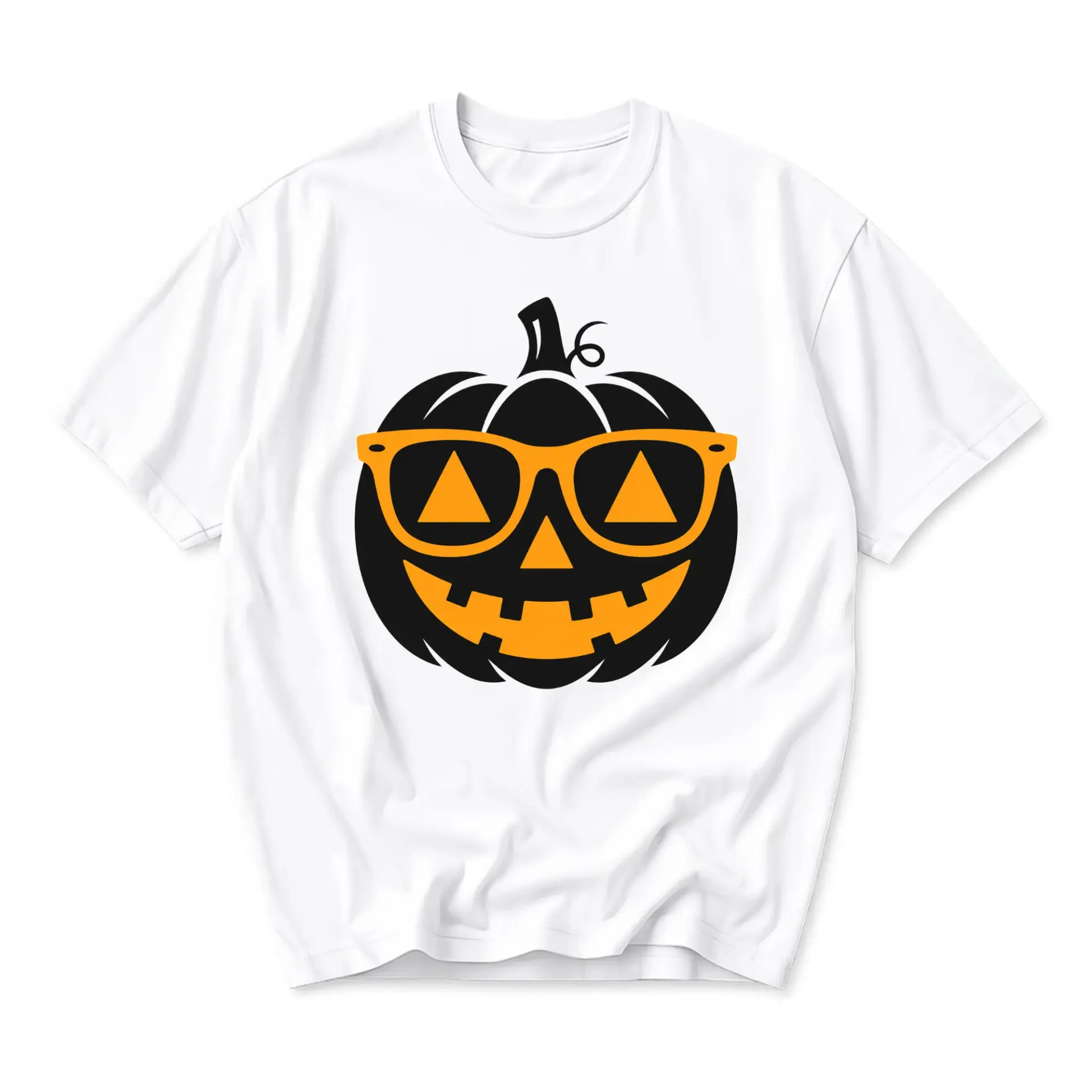Graphic Tee Unisex Crew Neck T-Shirt Featuring a Cool Pumpkin Face Wearing Orange Sunglasses for Fall Autumn Season