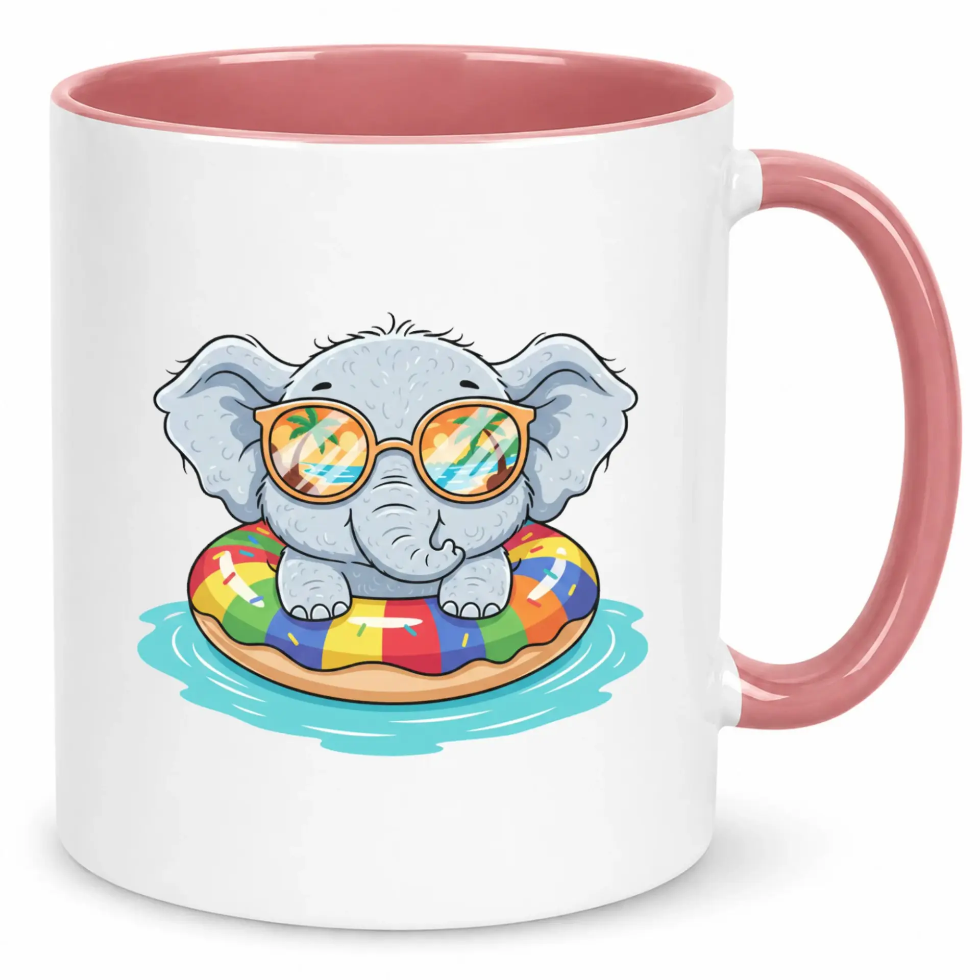 Funny Coffee Mug, Cute Elephant Wearing Sunglasses on Rainbow Floatie Ceramic Cup, Unique Tropical Summer Drinkware Gift