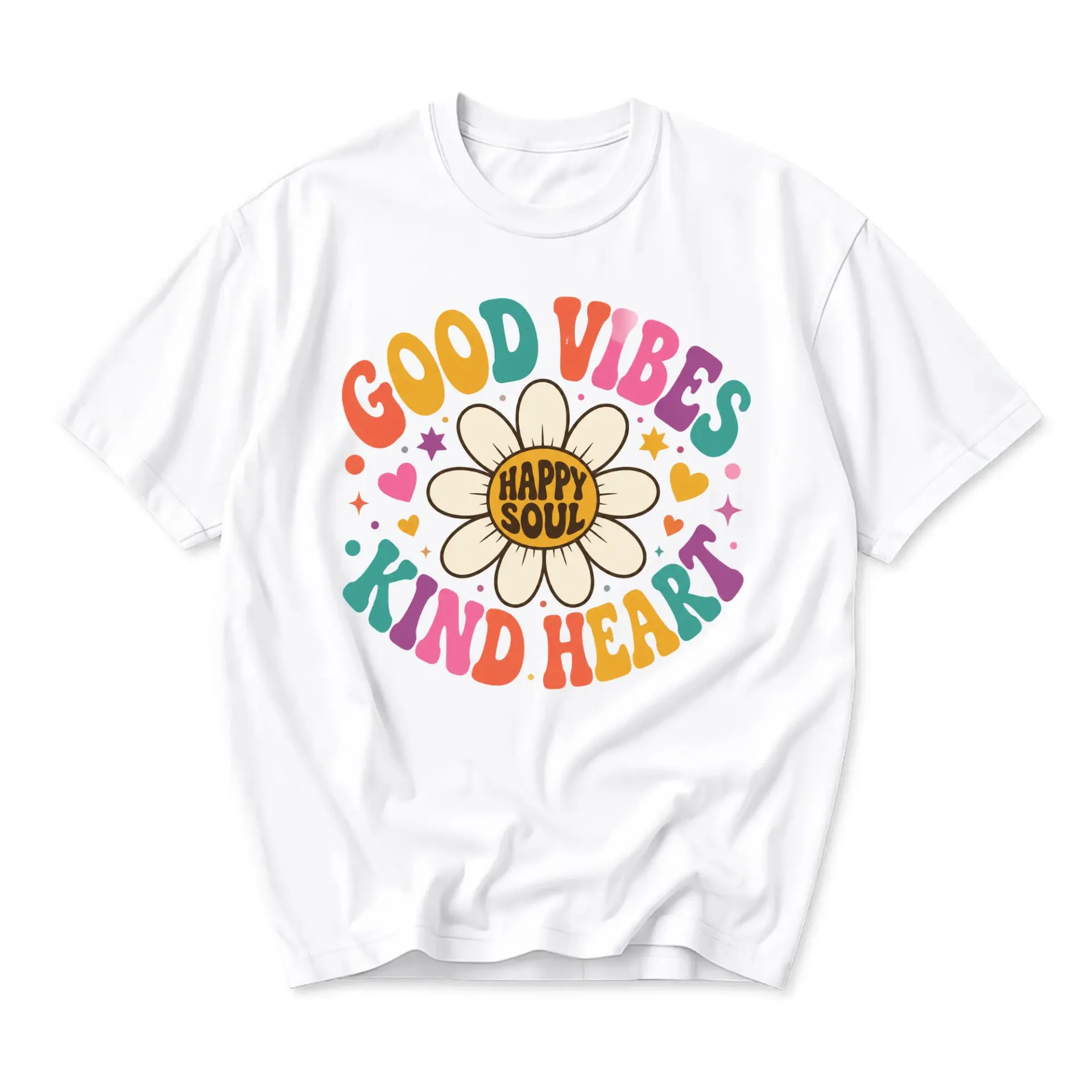 T-shirt Good Vibes Kind Heart Graphic Tee Retro Flower Power Floral Casual Unisex Crew Neck Cotton Comfort Shirt