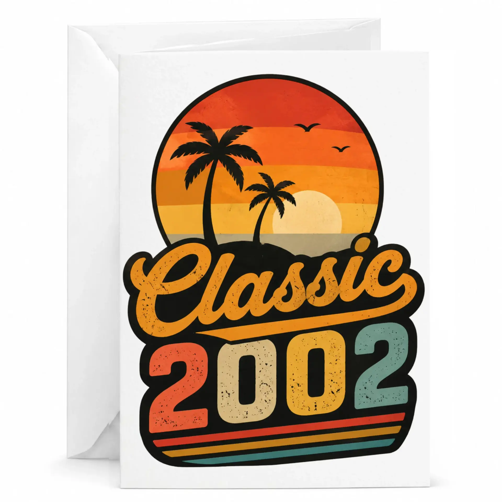Birthday Card Classic 2002 Retro Sunset Tropical Palm Tree Design Greeting Card for Milestone Year Celebration