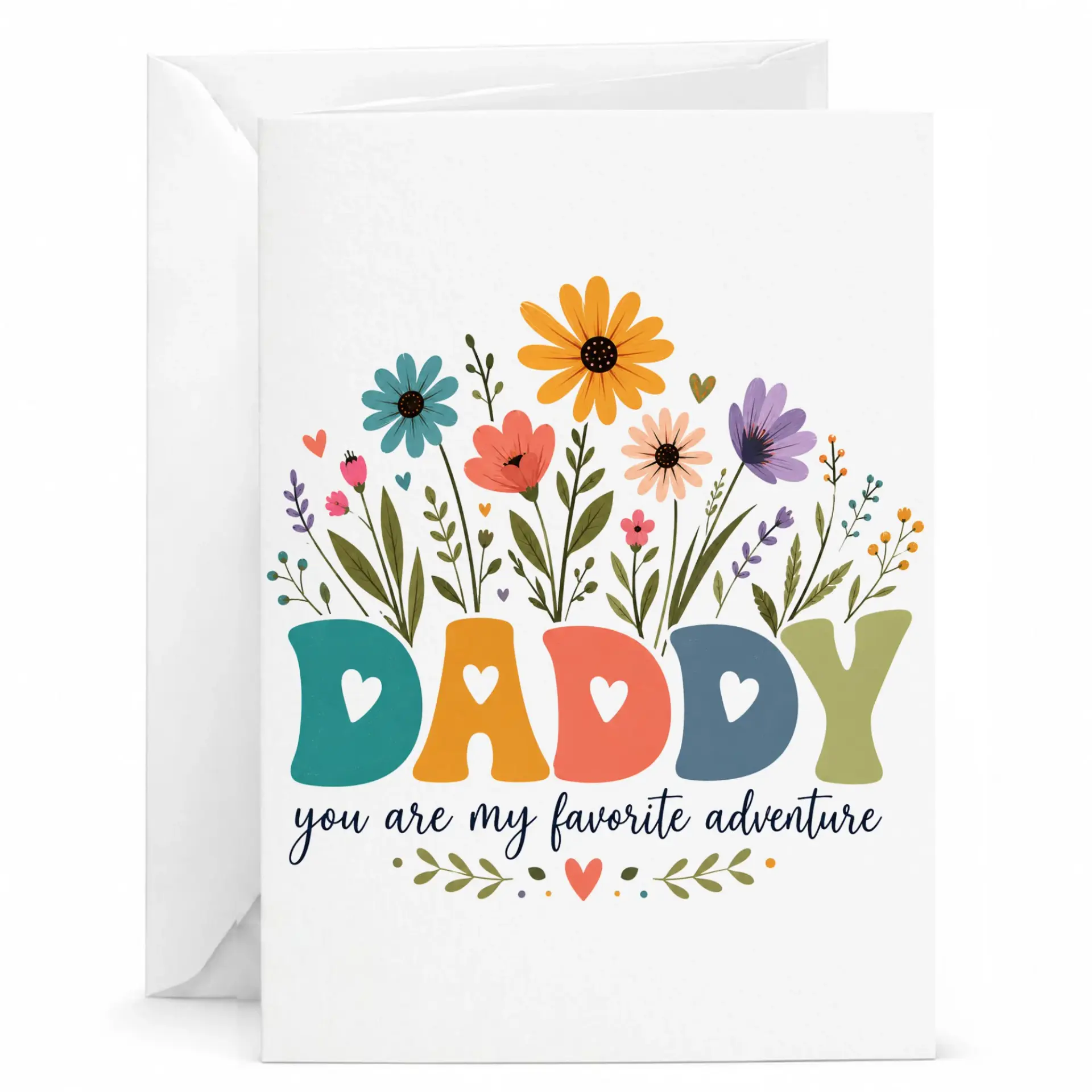 Greeting Card for Daddy Featuring Colorful Retro Floral and Heart Details with Favorite Adventure Sentiment