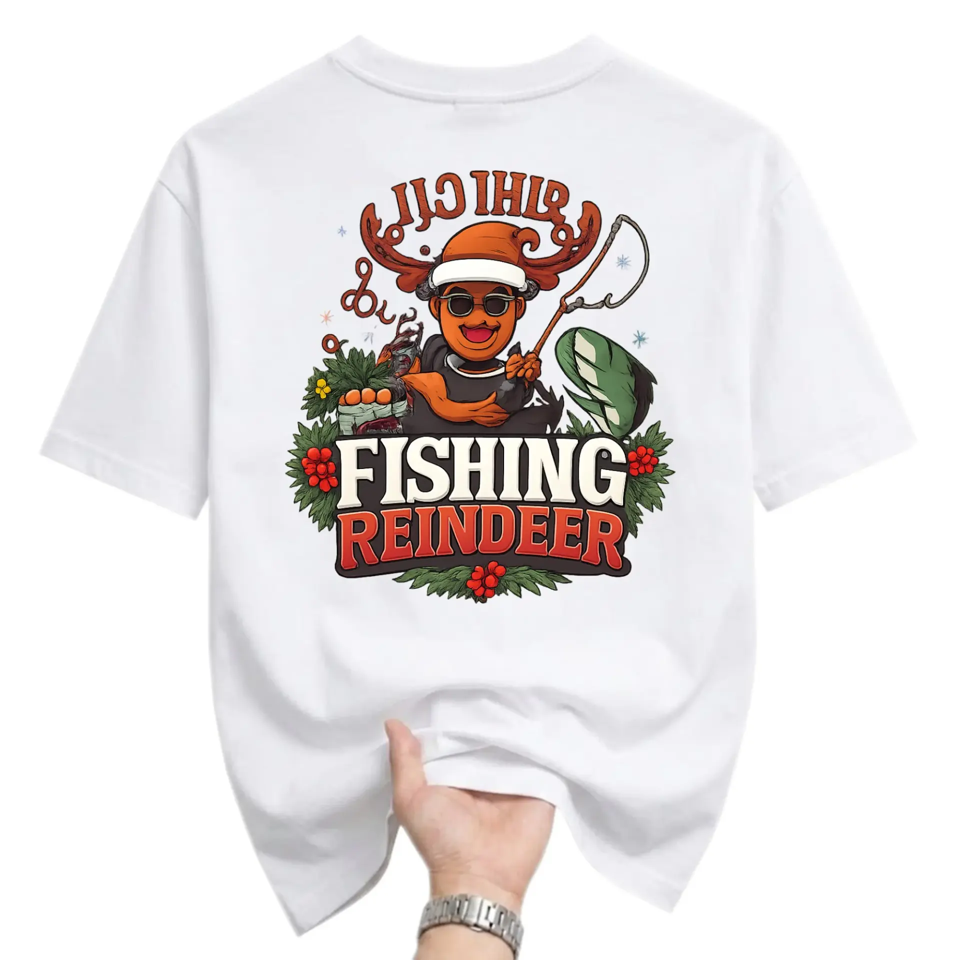 Funny Shirt Fishing Reindeer Graphic Tee Holiday Theme Unisex Crew Neck