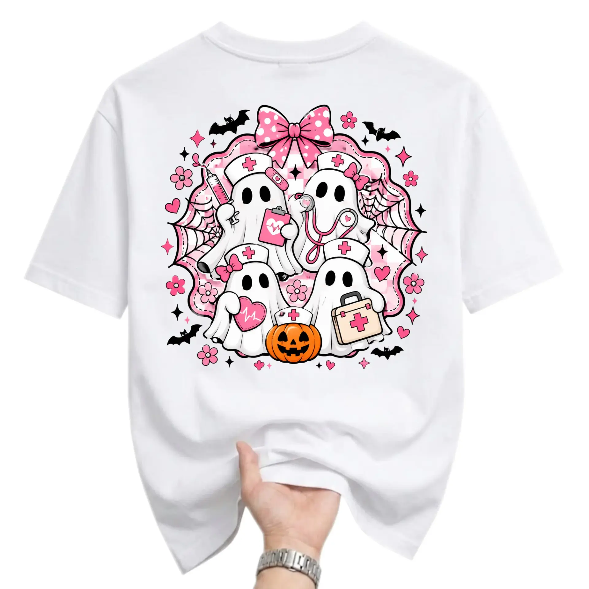 Funny Shirt Nurse Ghost Graphic Tee Spooky Halloween Costume Cotton Blend Casual Unisex Crew Neck Top Apparel for Adults
