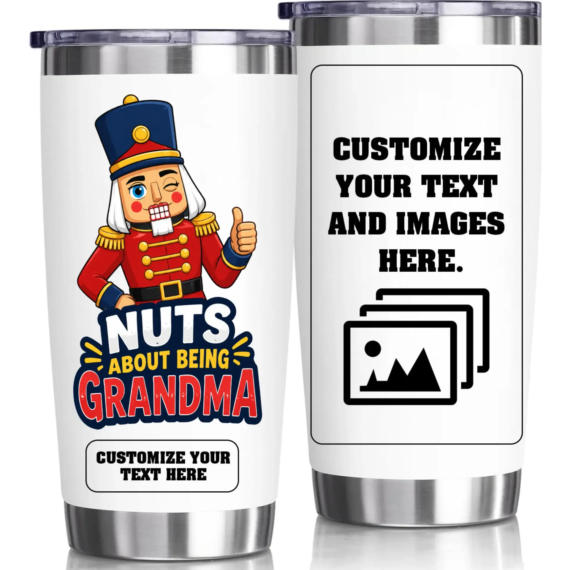 Stainless Steel Tumbler Nutcracker Grandma Gift 20oz Insulated Travel Cup Funny Holiday Drinkware for Hot and Cold