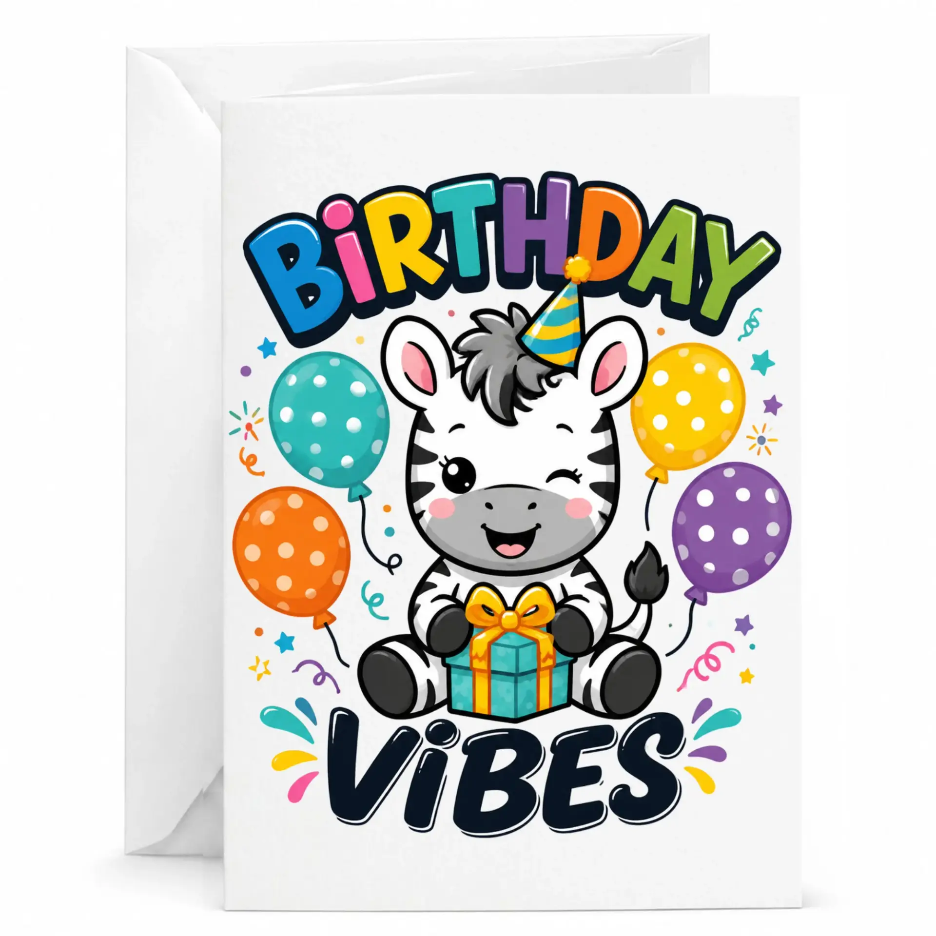 Birthday Card Featuring Cute Zebra Illustration with Colorful Balloons and Gift Box for Festive Celebrations