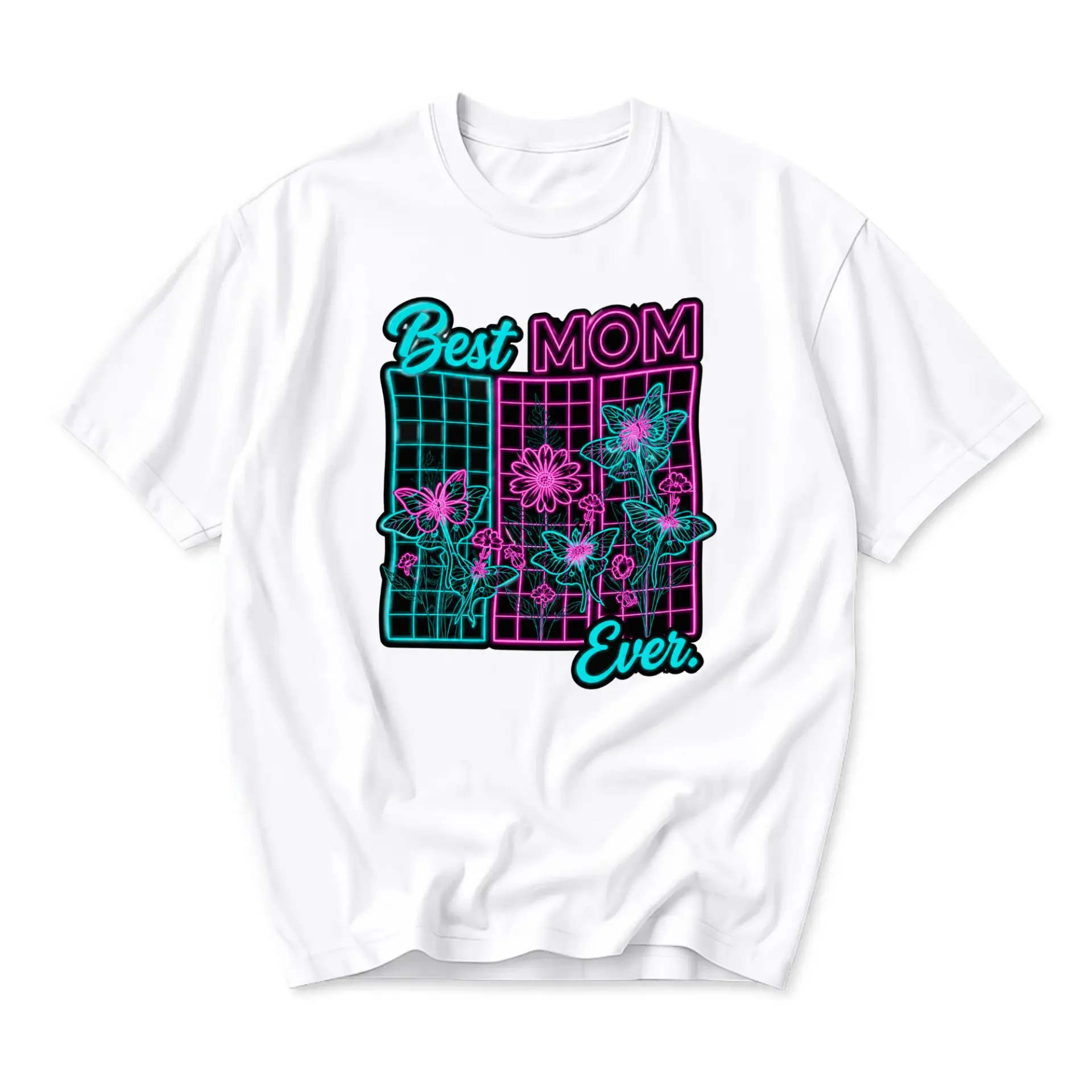 Graphic Tee Best Mom Ever Retro Neon Aesthetic T-Shirt Featuring Moth and Floral Artwork for Casual Everyday Wear