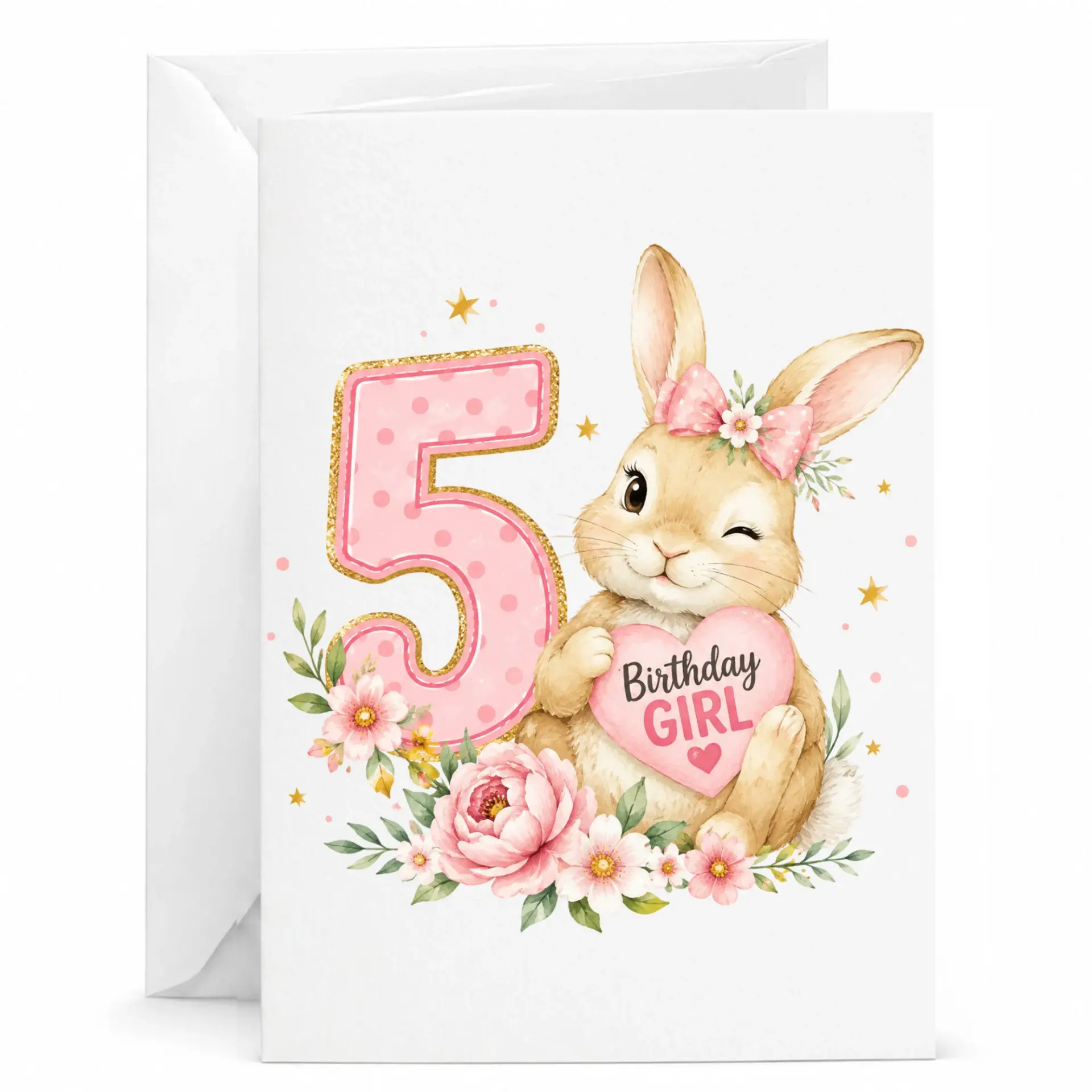 Birthday Card Featuring a Cute Bunny Illustration with Pink Number Five Design for a Special Celebration