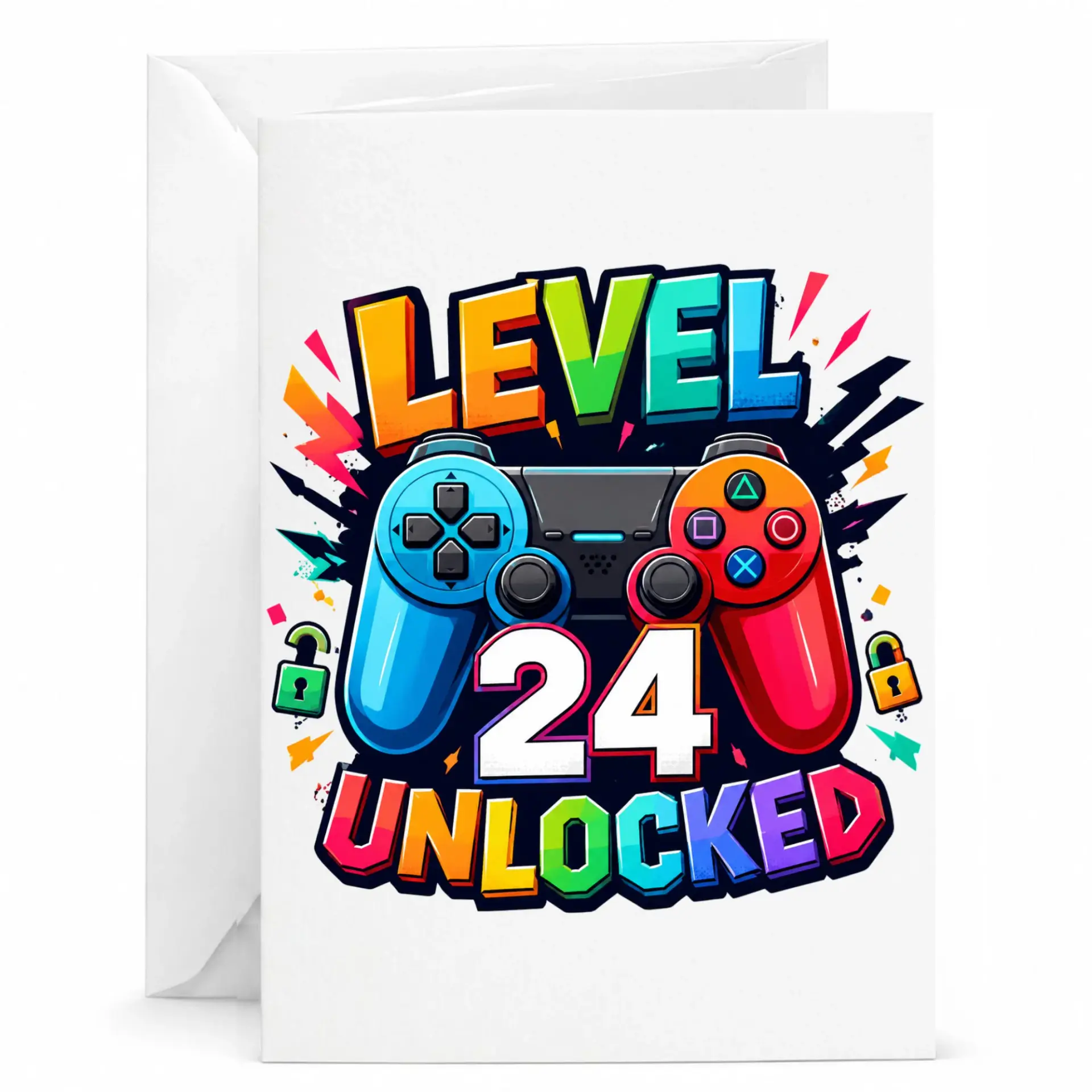 Greeting Card Level 24 Unlocked Gamer Birthday Card for Video Game Enthusiast 5x7 Folded Card with Matching Envelope
