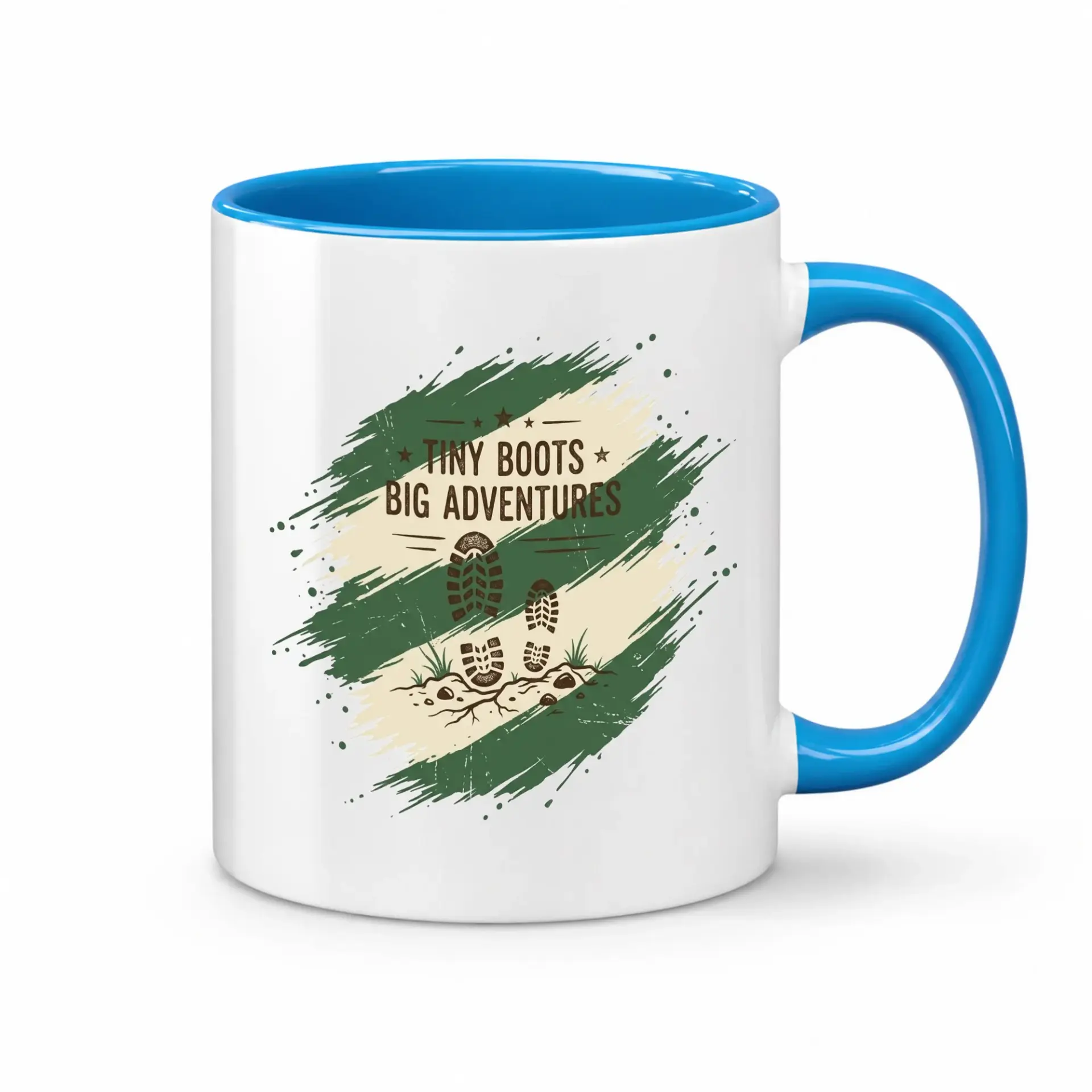 Travel Themed Ceramic Coffee Mug Featuring Tiny Big Adventures Graphic Design with Blue Handle and Rim