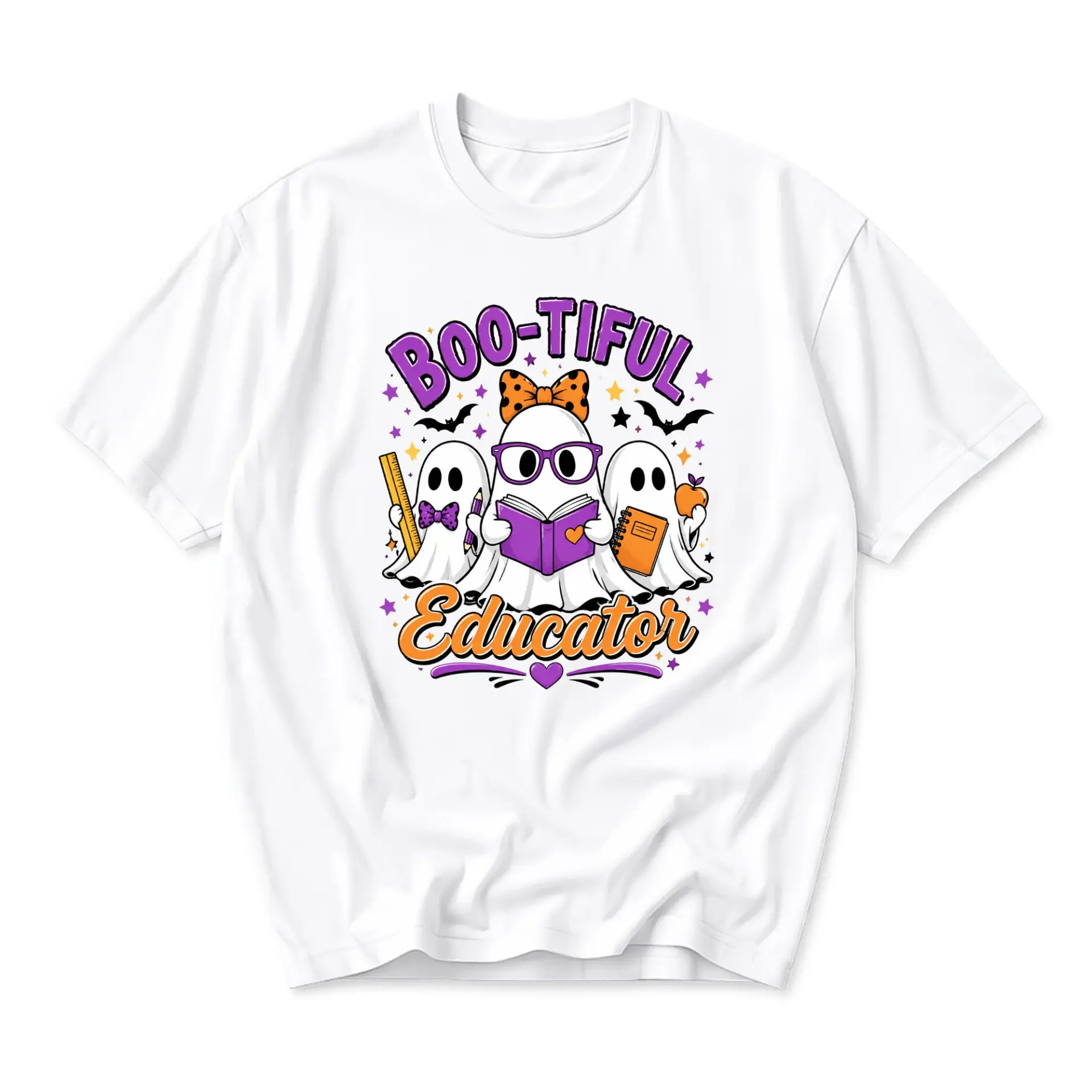 Funny Shirt Boo-Tiful Educator Ghost Graphic Tee Halloween Inspired Crew Neck Short Sleeve Cotton Casual Apparel Top