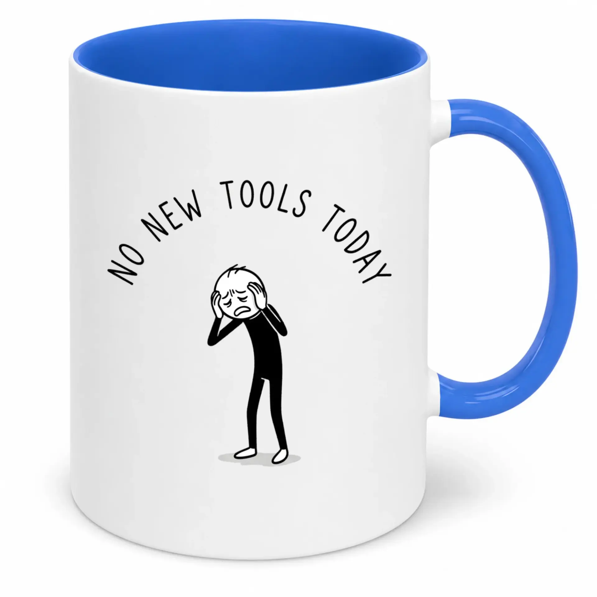 Funny Ceramic Coffee Mug Featuring 'no New Tools Today' Quote with Distressed Stick Figure Design, 11oz or 15oz Capacity Novelty Drinkware for Home Office Kitchen Gift