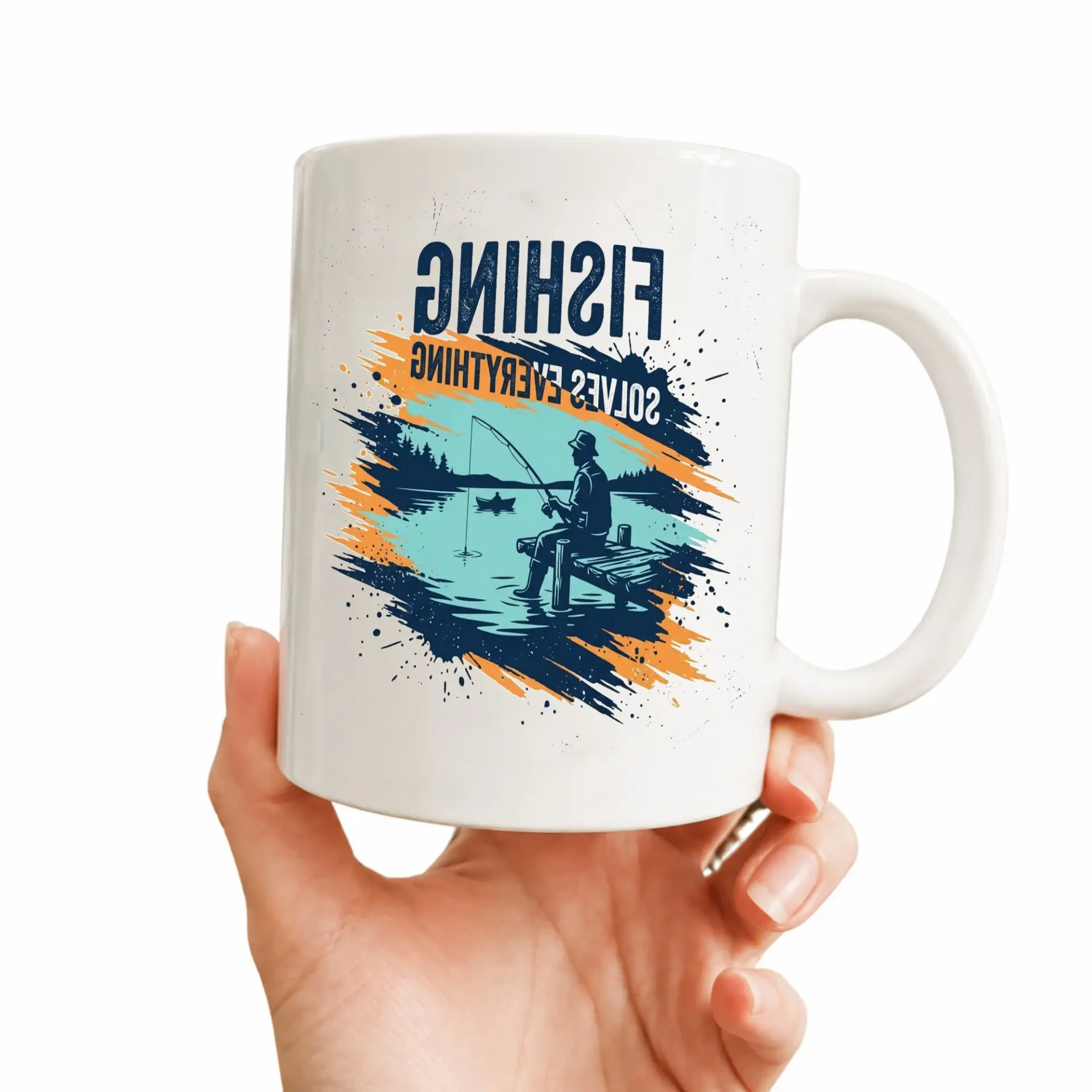 Fishing Solves Everything Two Ceramic Mug Outdoor Enthusiast Coffee Cup with Blue Handle and Rim Design 11 Ounce