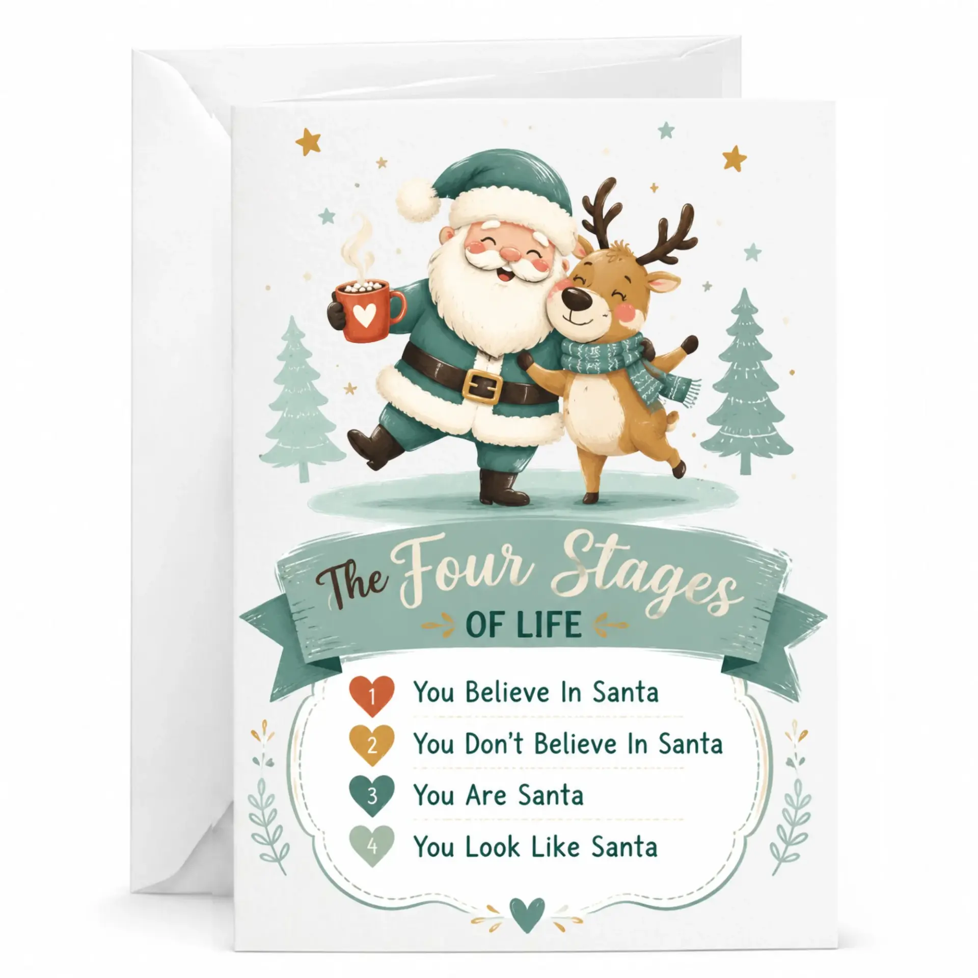 Funny Christmas Greeting Card Four Stages of Life Holiday Humor Card with Envelope 5x7 Inches