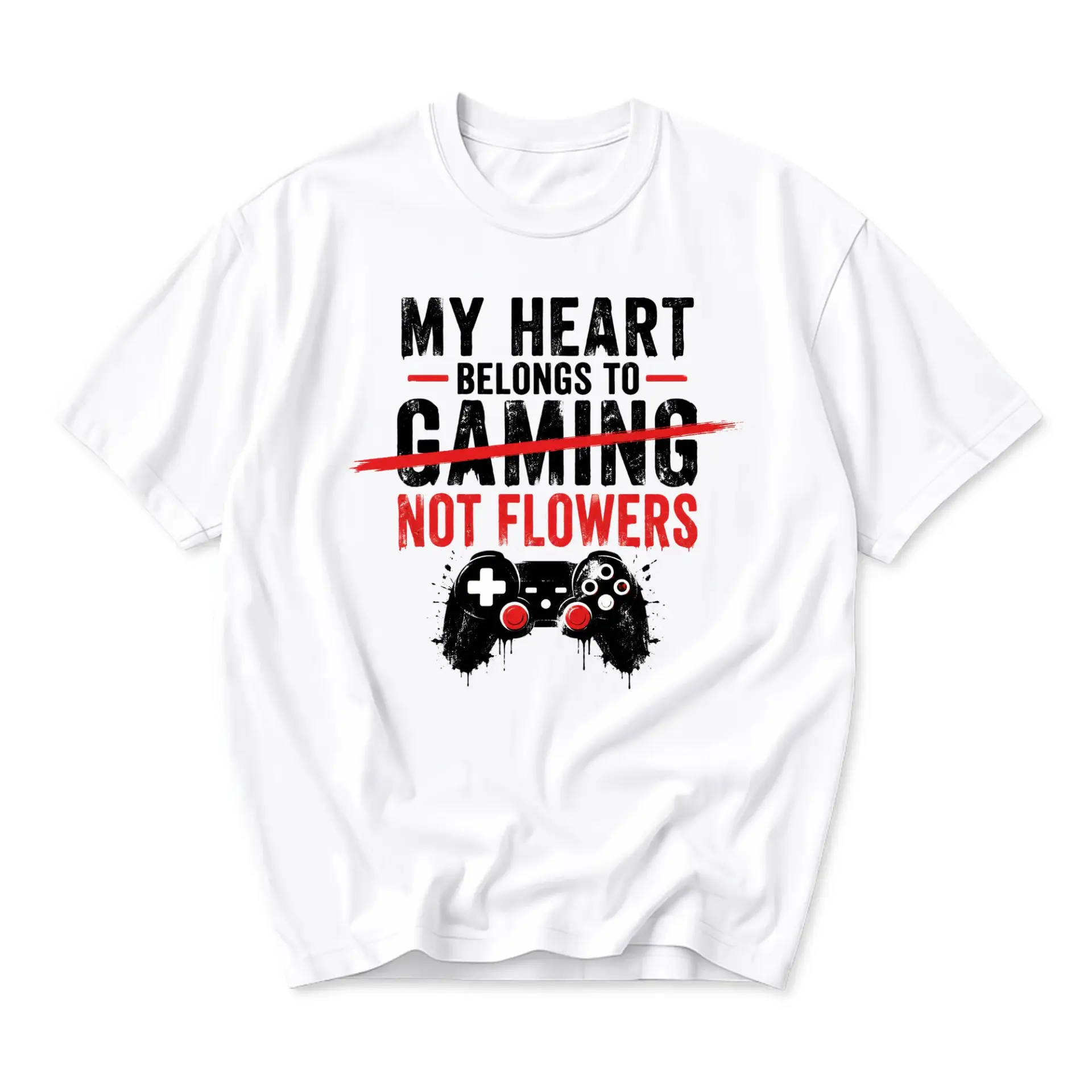 Funny Shirt My Heart Belongs to Gaming Not Flowers Graphic Tee Unisex Crew Neck Casual Cotton Blend Top Apparel