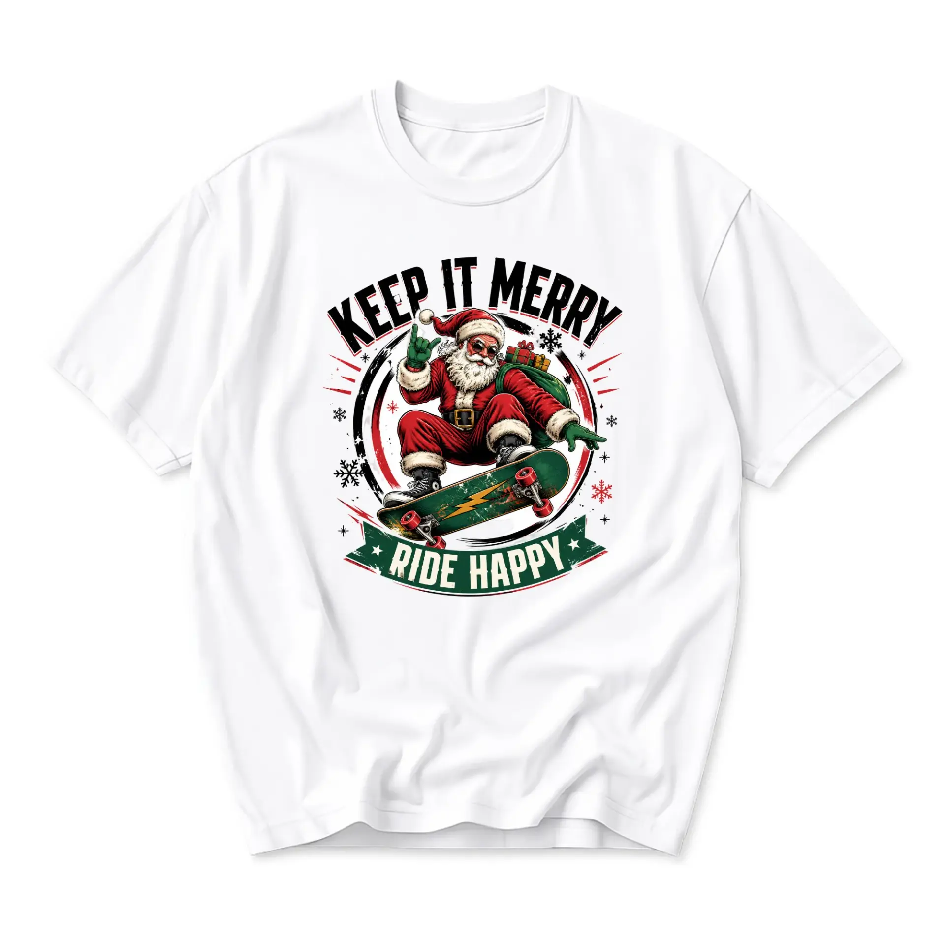 Funny Shirt Keep It Merry Ride Happy Graphic Tee Featuring a Skateboarding Santa Claus for Casual Holiday Wear