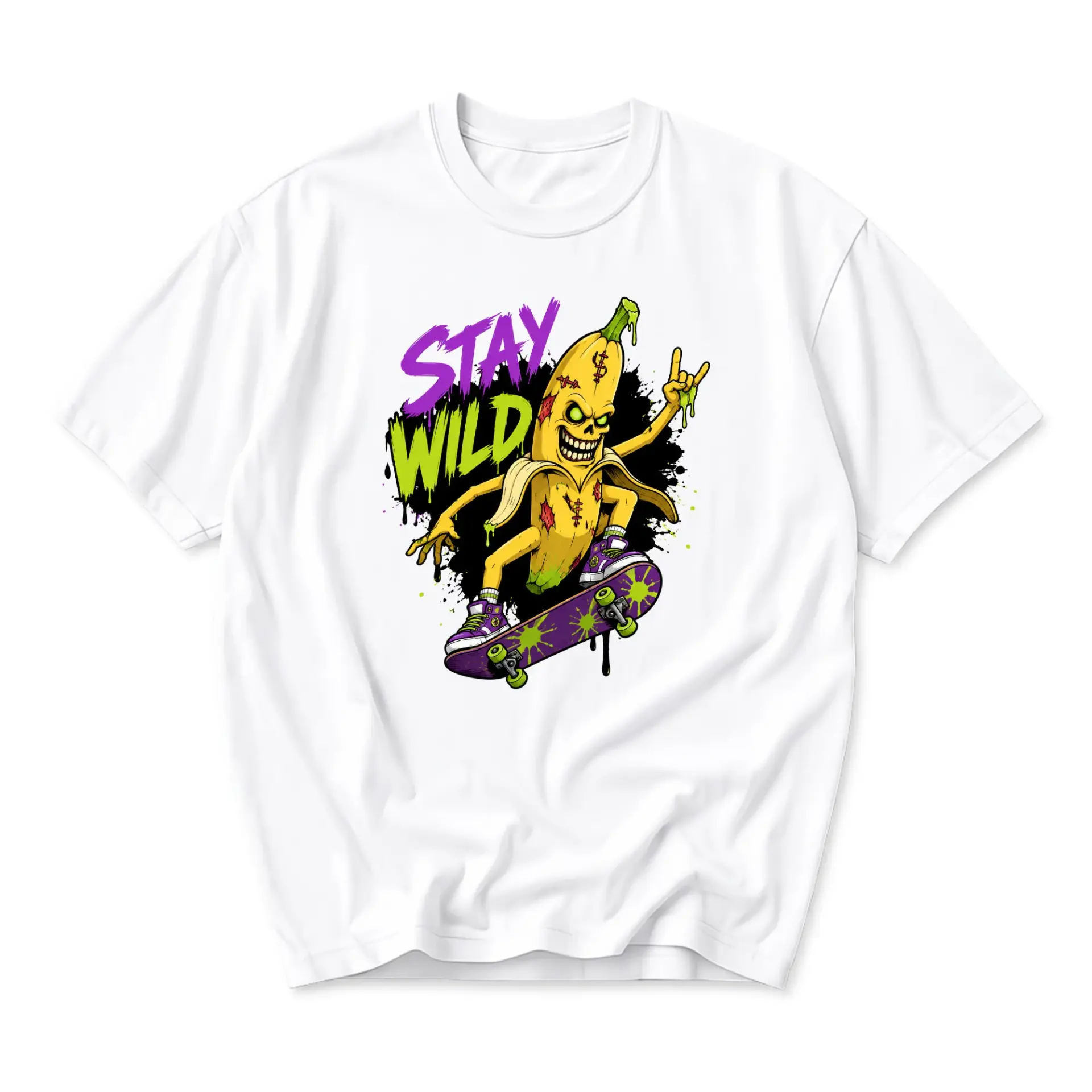 Graphic Tee Stay Wild Skateboard Banana Shirt Unisex Funny Casual Apparel Retro Streetwear Style Crew Neck T-Shirt