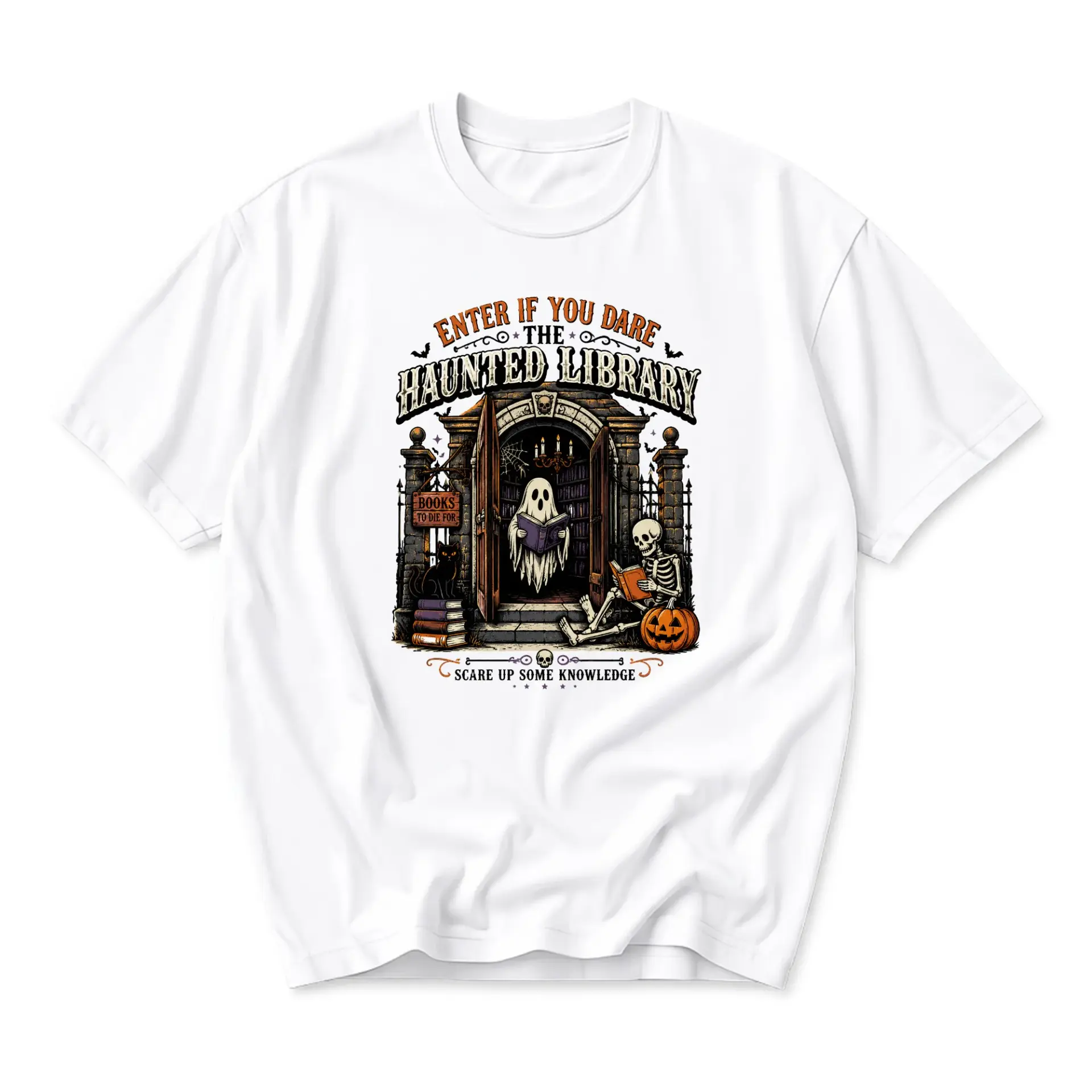 Graphic Tee the Haunted Library Unisex T-Shirt Spooky Ghost Skeleton Book Reader Printed Cotton Crew Neck Casual Top