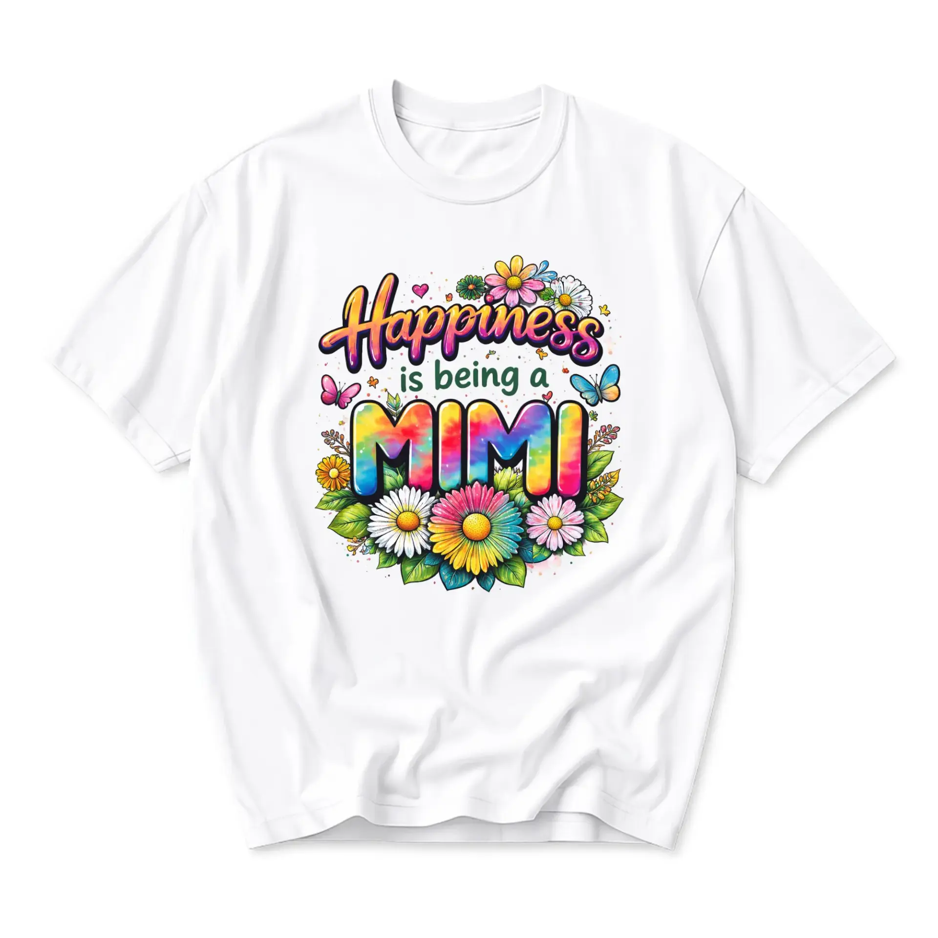 T-shirt Happiness Is Being a Mimi Graphic Tee Floral Butterfly Colorful Lettering Casual Unisex Crew Neck Top