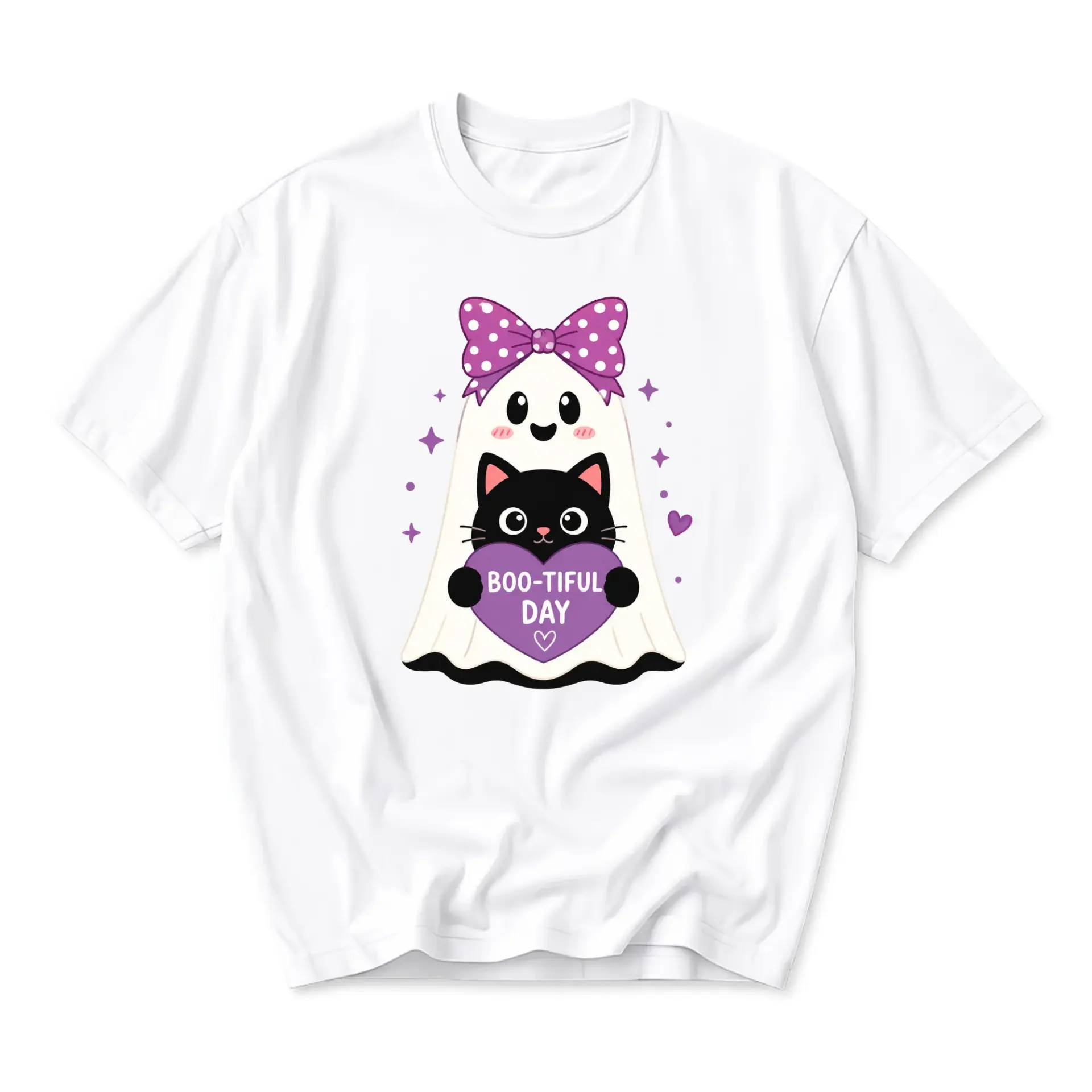 Funny Shirt Boo-Tiful Day Graphic Tee Cute Ghost Holding Black Cat Illustration Casual Short Sleeve Crew Neck Top
