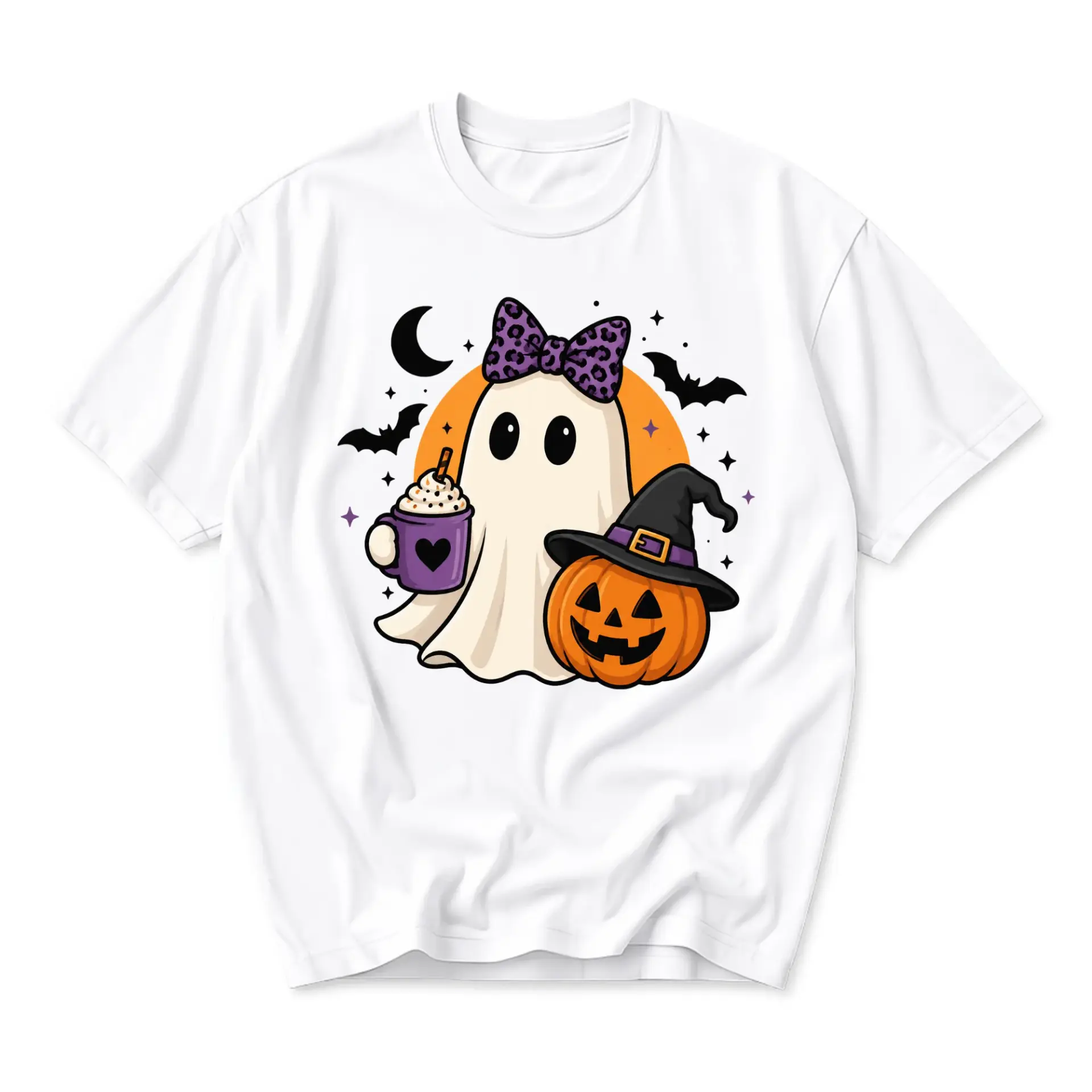 Graphic Tee Cute Ghost Holding Hot Cocoa with Pumpkin Wearing Witch Hat Halloween Illustration Unisex Crew Neck Shirt
