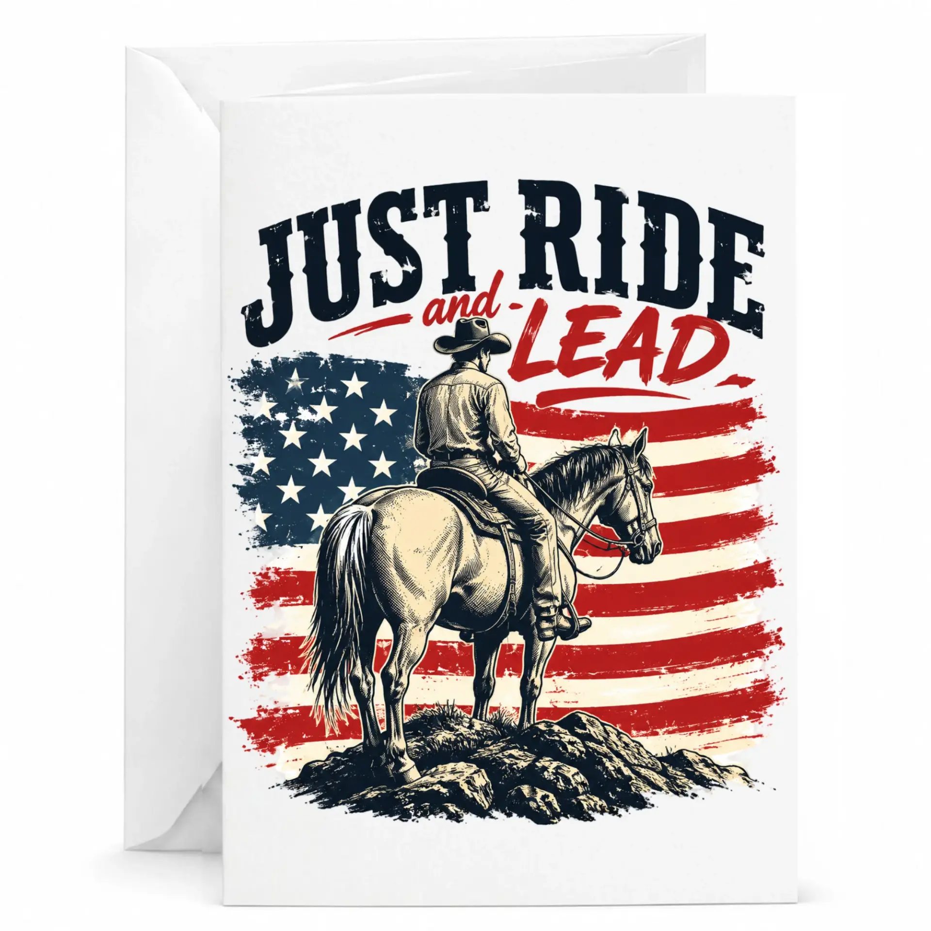 Greeting Card Just Ride and Lead Western Cowboy Horse Art with Patriotic American Flag Graphic for Any Occasion