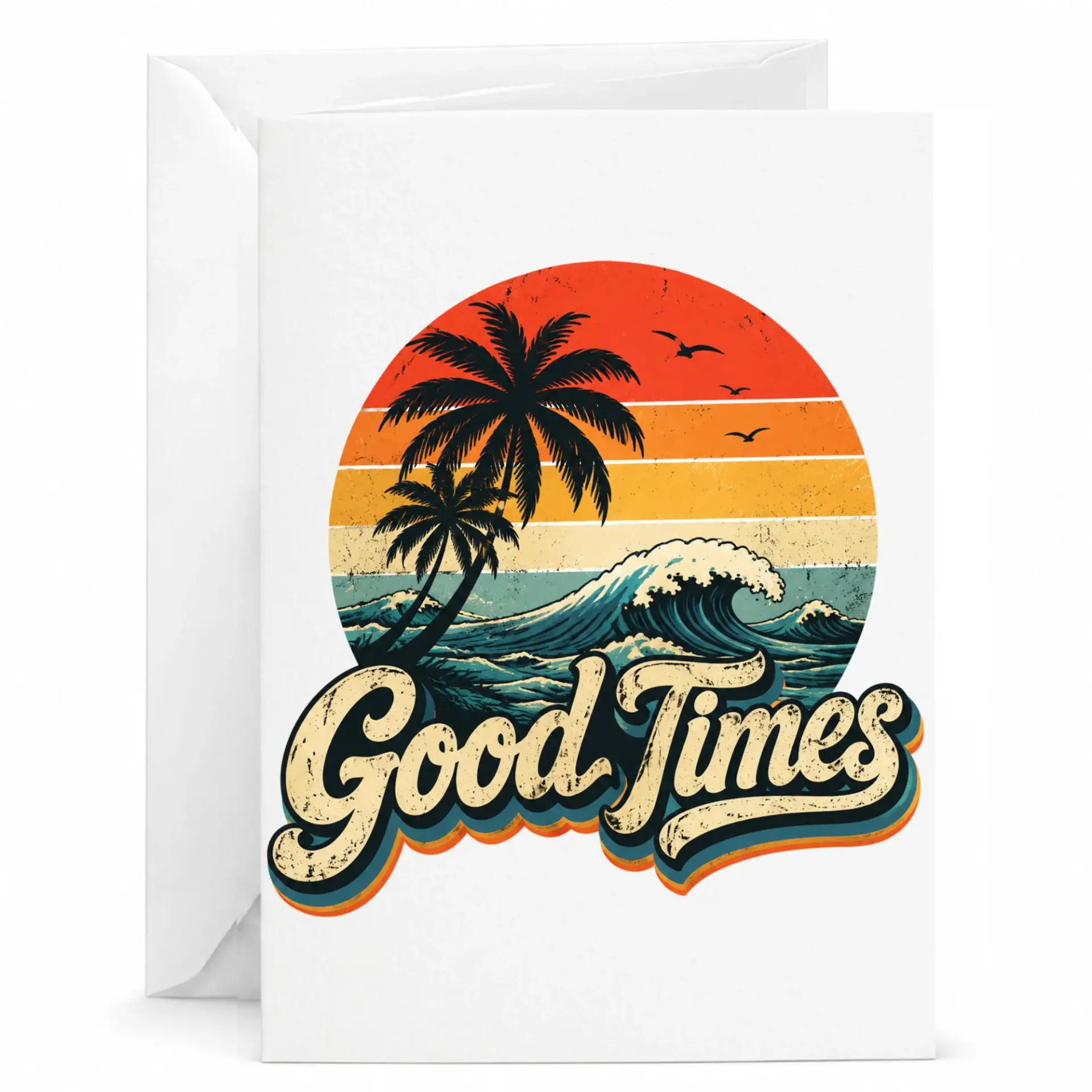 Greeting Card Good Times Vintage Sunset Palm Tree Beach Aesthetic Stationery Folded Notecard with Matching Envelope